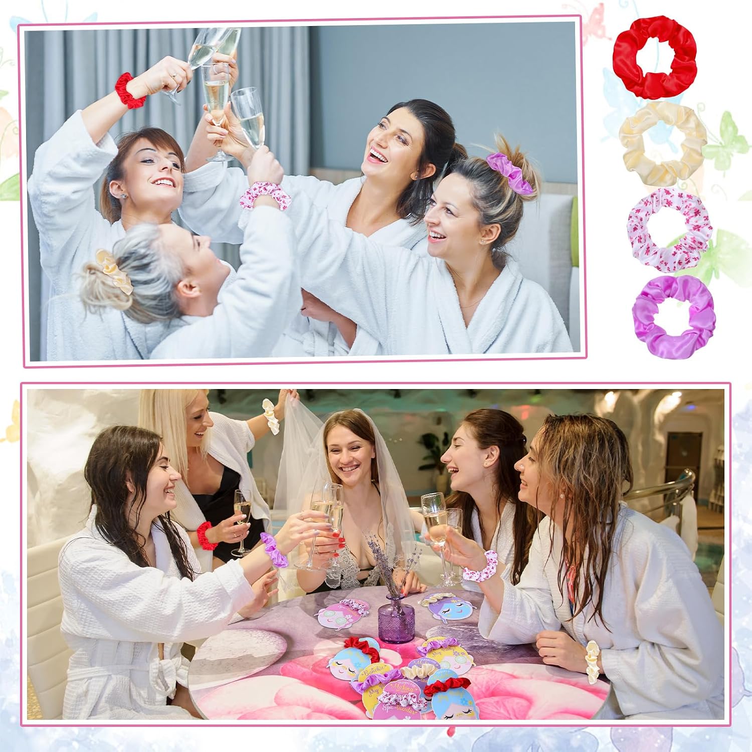 Daifunli 24 Pcs/12 Set Spa Party Hair Scrunchies with Card Sleepover Party Pink Red Purple Hair Makeup Ties Gift Women Birthday Favor for Spa Weekend Event Scrunchie Holder Gift Bag Filler image 5
