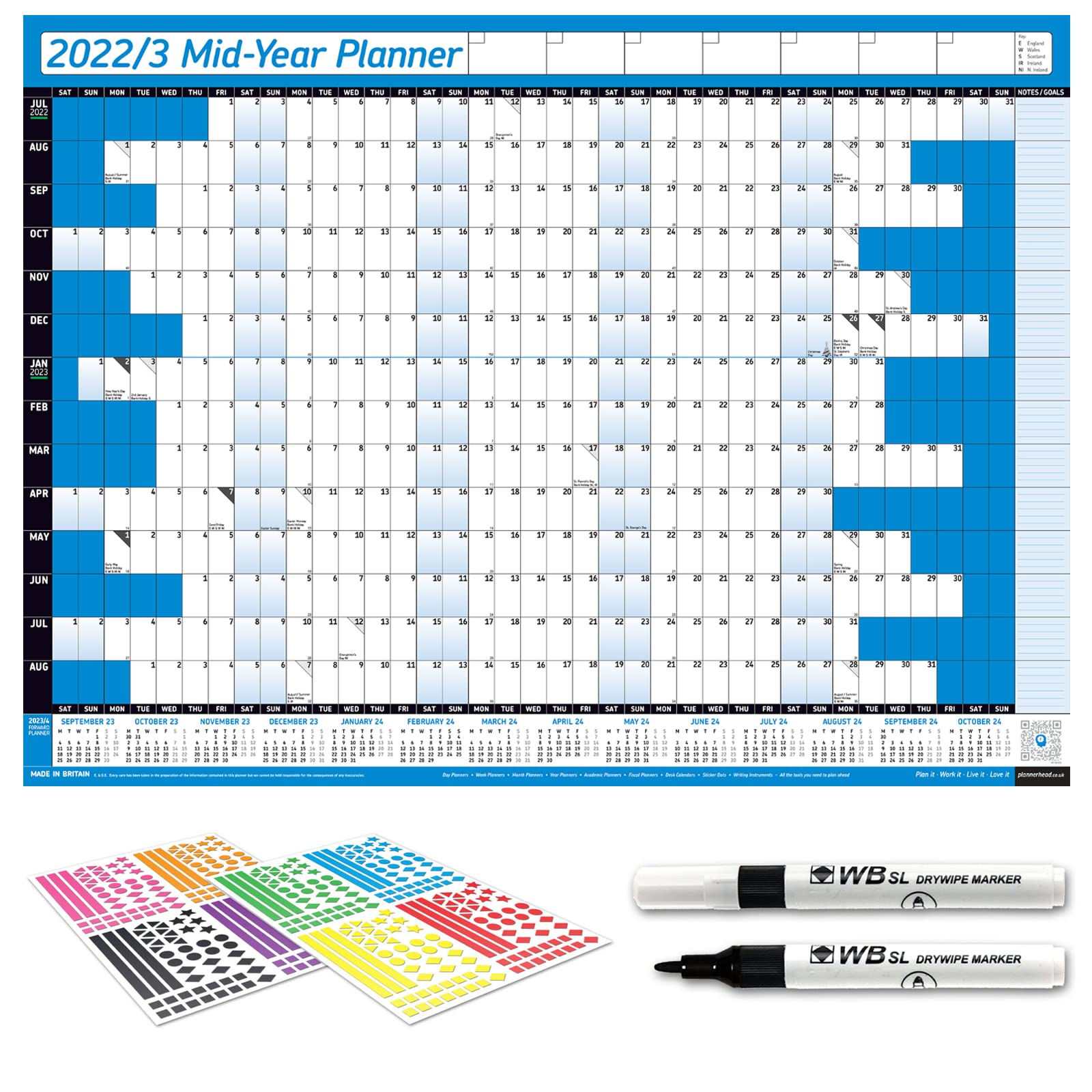 PlannerHead 2022 - 23 Mid Year LAMINATED Year Yearly Annual Office Home Wall Planner Calendar Chart / With Pen And Stickers and 23-24 Foot Note Calender (Blue, A2+ 43cm x 62cm (Folded))