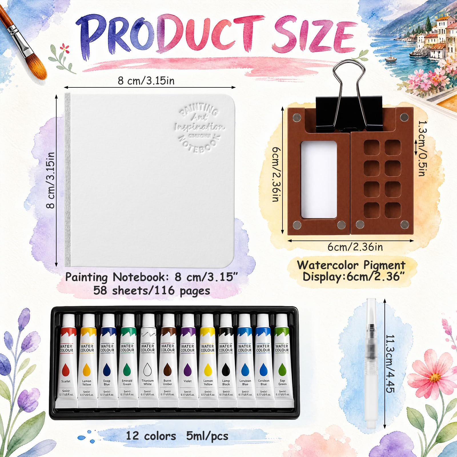 Watersay Juego de 20 mini pinturas de acuarela, kit de viaje de paleta de pintura de bolsillo, kit de viaje de acuarela con caja de paleta de rejilla de madera, cuaderno de bocetos, bolígrafos, clips