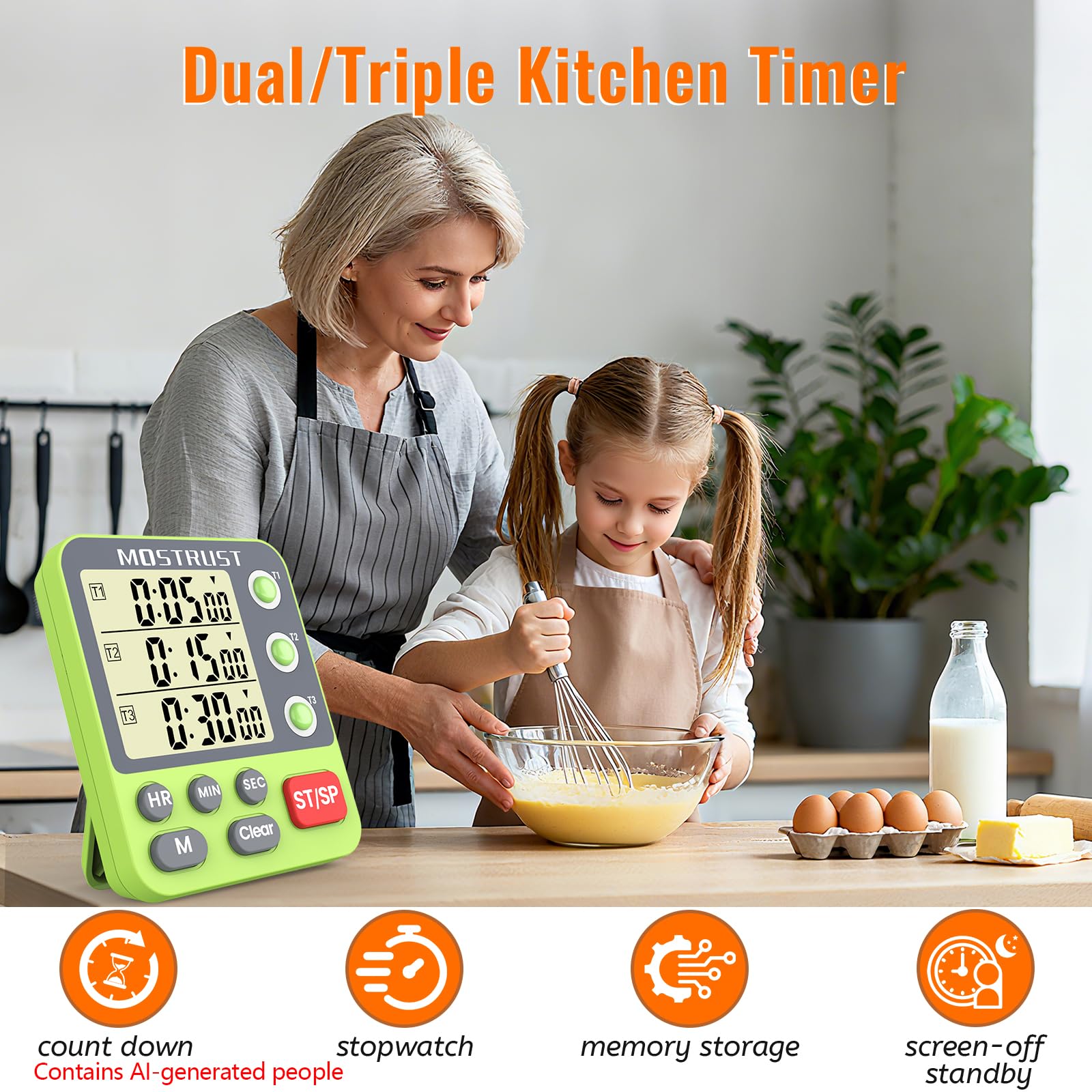 Minuteur numérique double de cuisine, compte à rebours à 3 canaux, grand écran triple mémoire, alarme de volume fort et lumière clignotante avec dos magnétique, support, batterie incluse,