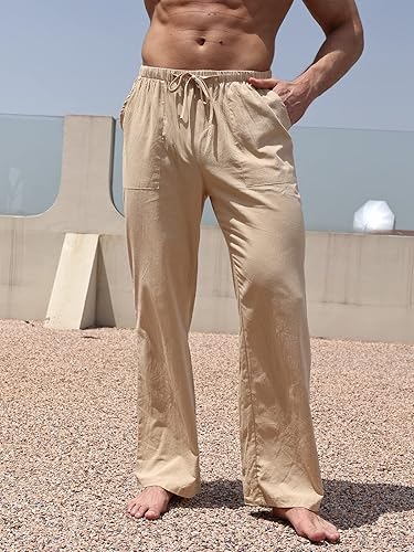 Miniatura 2 de WOWULOVELY Pantalones casuales de lino de algodón para hombre, holgados, ligeros, con cintura elástica, pantalones de yoga, playa, bolsillos