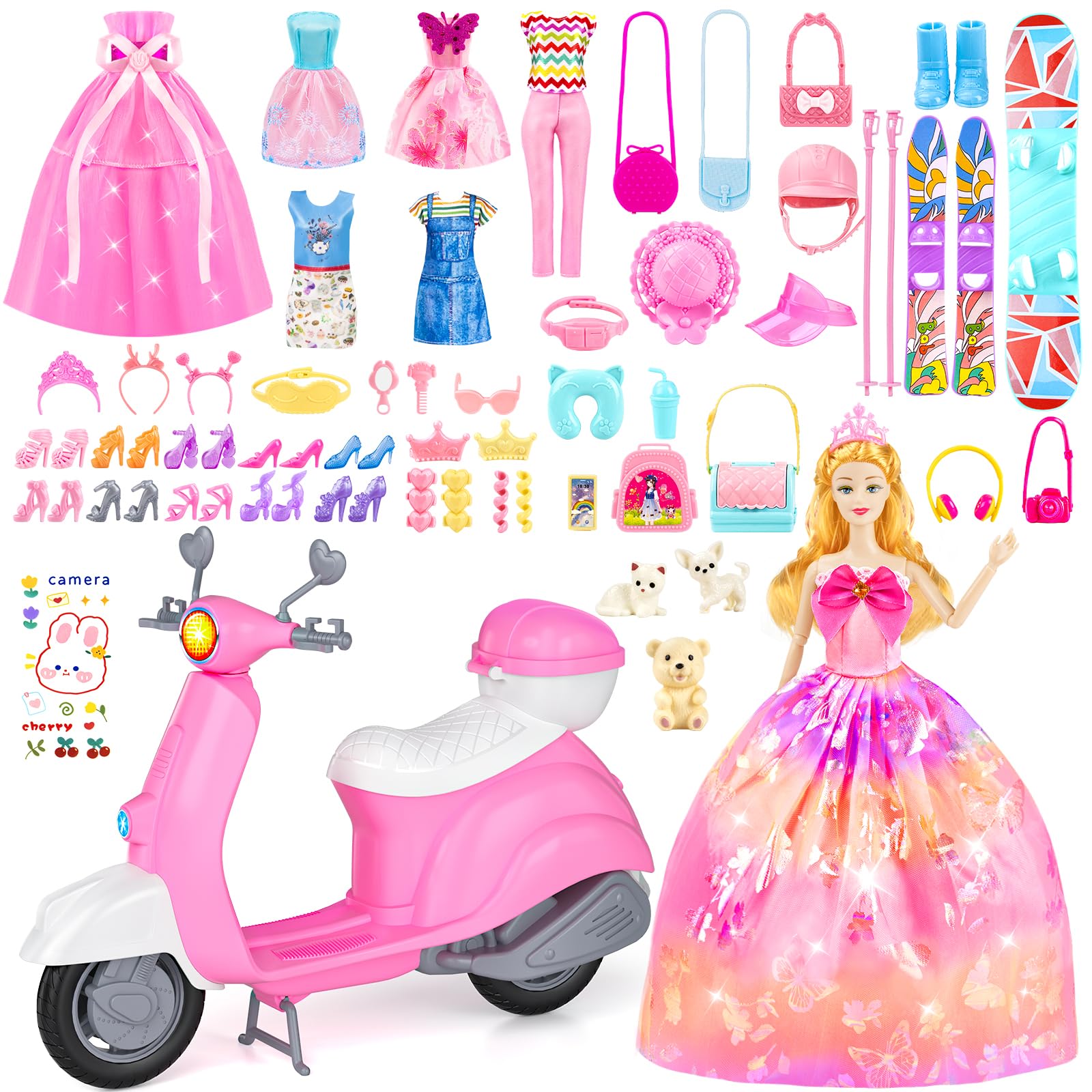 Glisiol 67PCS Doll & Toy Scooter, Travel Playset with 11.5 Inch Doll,Scooter,Skiing Kit,Dress,Casual Clothing,Pantsuit,Pet Set,Shoes,Doll Accessories and Sticker,Doll Dress up Toys for Girl Kid Gifts