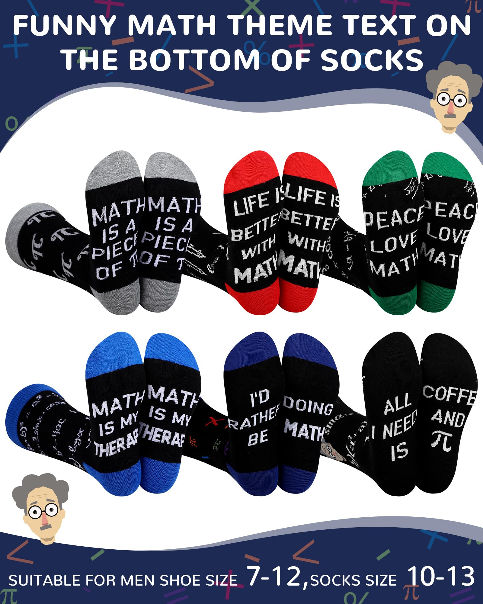 Eurzom 6 Pairs Funny Math Chemistry Pi Socks for Men Math Science Teacher Gift Father Day Mathematicians Chemist Scientists