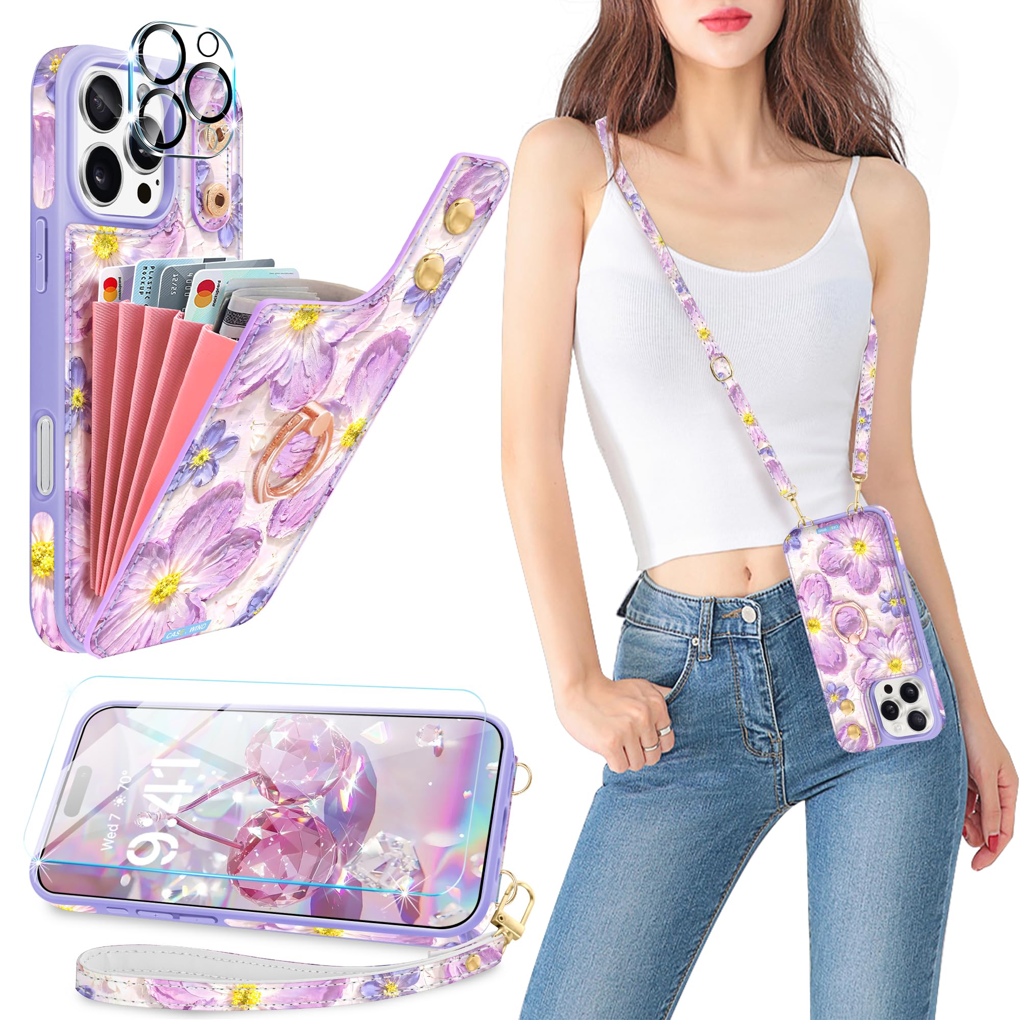 Casewind for iPhone 16 Pro Case Wallet with Card Holder&Lanyard, Cute 3D Oil Painting Floral Crossbody Cases with [Screen Protector+Camera Lens
