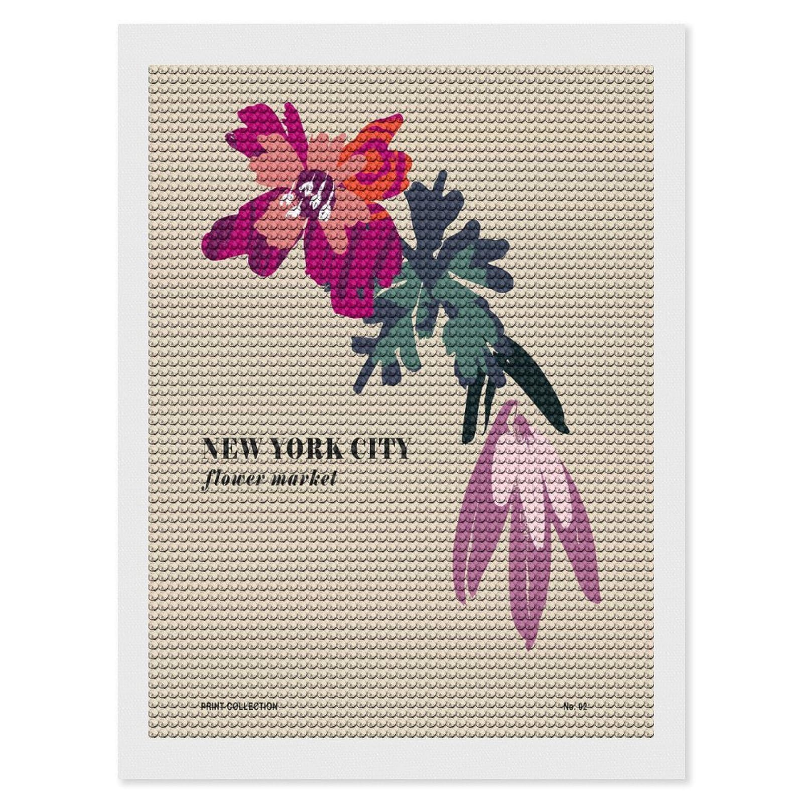 Junmoney New York City Flower Market Art Round Drill Diamond Painting 12"x16", Satisfying Creative Project, Complete Accessories, Printed Canvas
