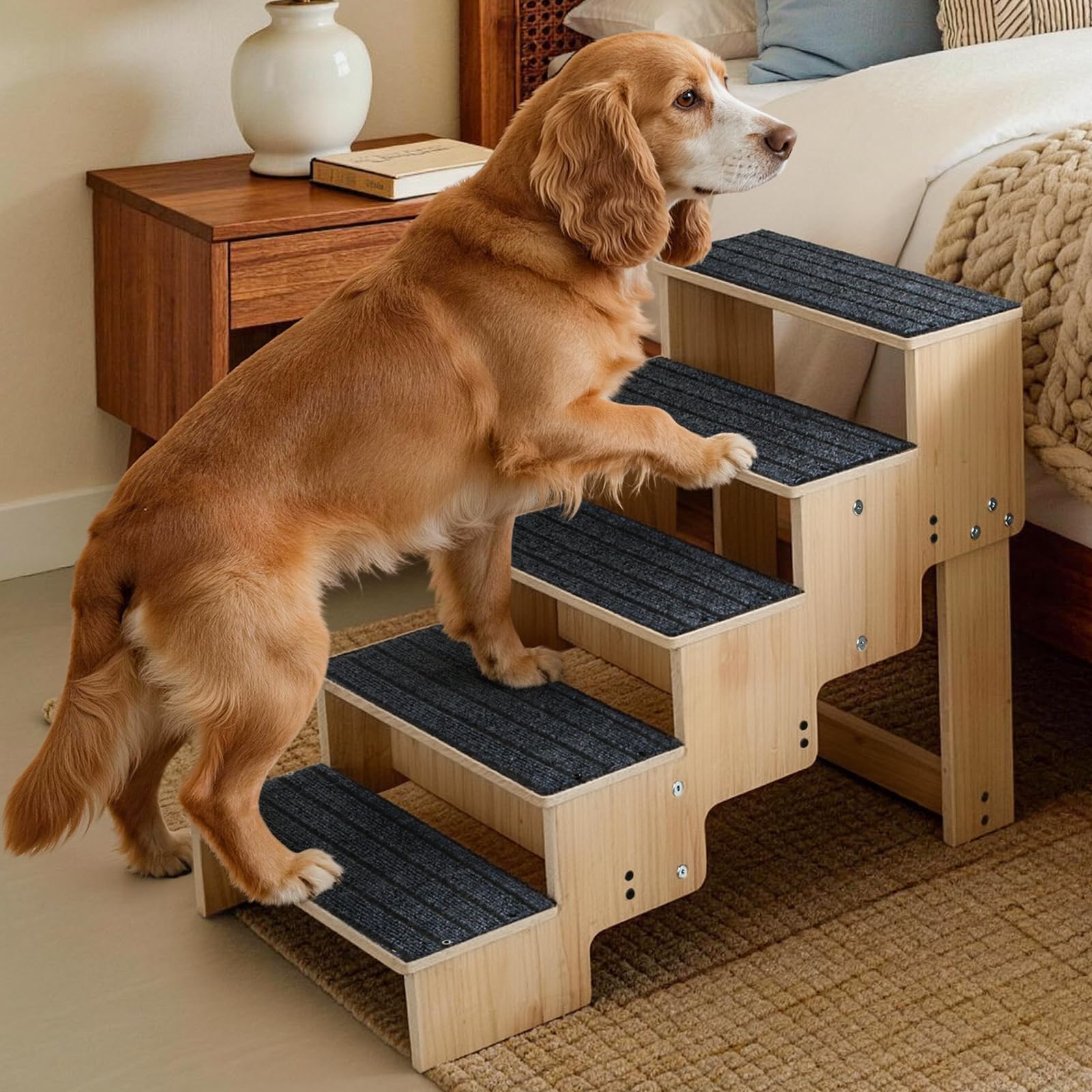 Photo 1 of 5-Step Wooden Dog Steps for Bed, Anti-Slip Dog Stairs with Carpet Pads, 23.6 Inches Pet Ramp for Dogs to Get on Bed, Pet Stairs for Old & Senior Dogs/Cats, Pet Steps Ladder for High Beds/Couch Sofa