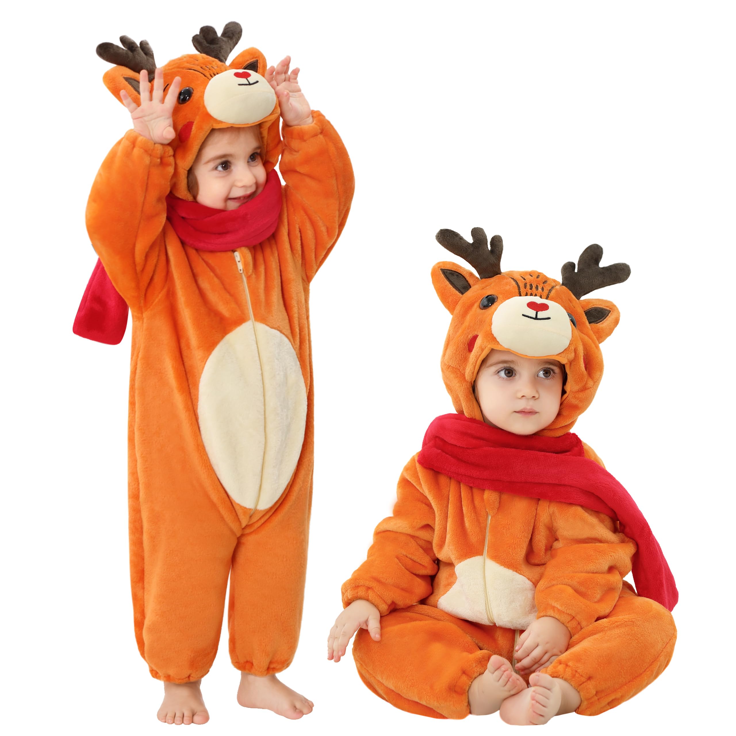 LOLANTA Unisex Baby Elk Costume, Toddler One-Piece Hooded Animal Fancy Dress Christmas Romper, 6-12 Months,Tag 80
