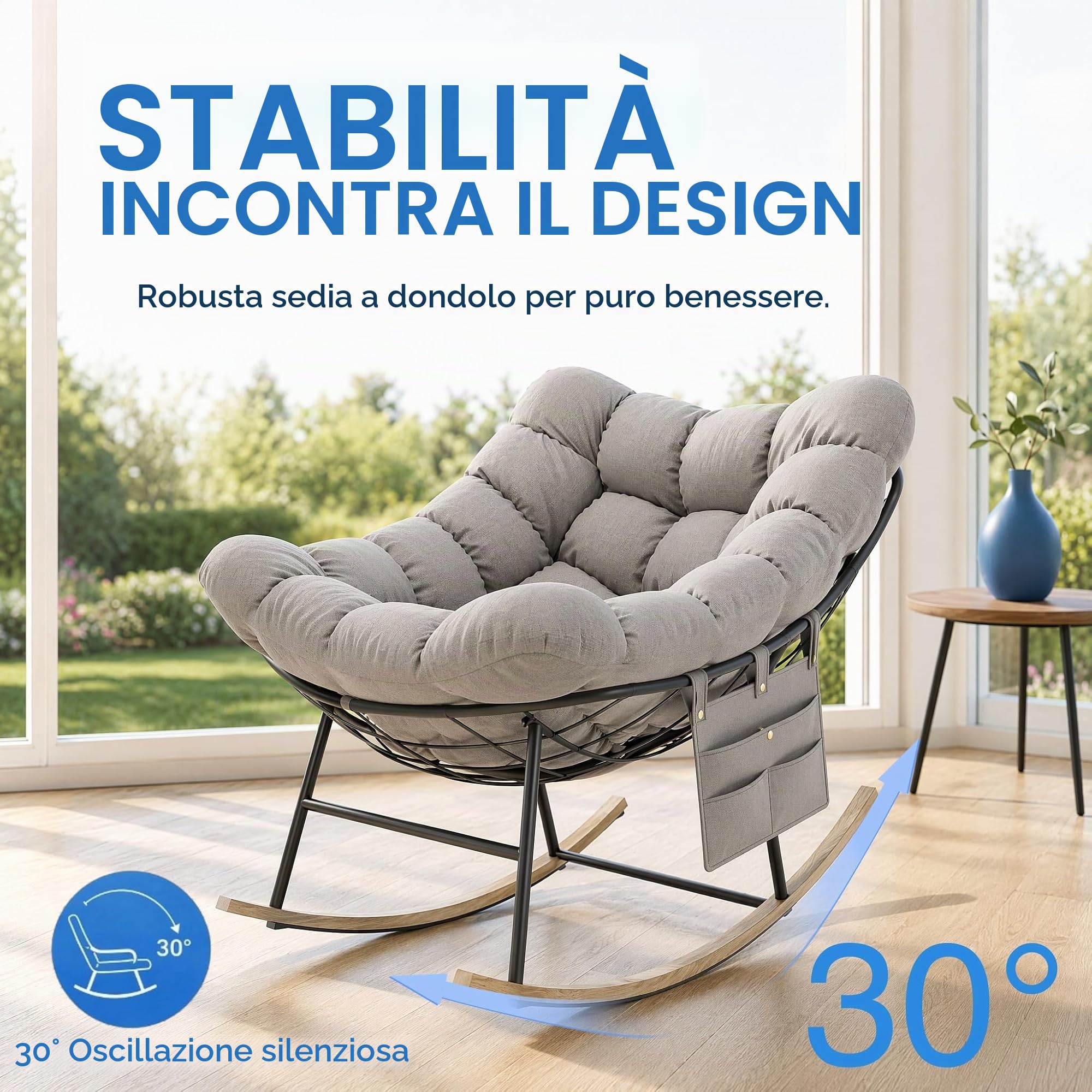 Sedia a Dondolo Esterno Oversize con Tasca Laterale per Soggiorno, Giardino | Poltrona a Dondolo Relax con Cuscino Imbottito, Struttura in Acciaio Portata 150kg Ergonomica per Interno, Camera da Letto