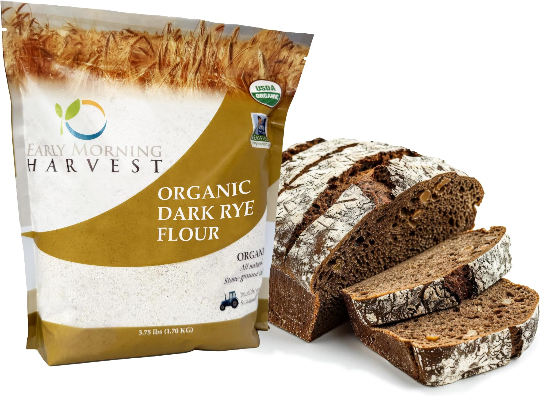 Early Morning Harvest Organic Dark Rye – Made from Organic, Non-GMO Rye – Stone Ground Dark Flour for Bread and Baking, Pumpernickel Flour, Sourdough Starter, Whole Grain, Certified Organic GMO Free (1.5, Pounds)
