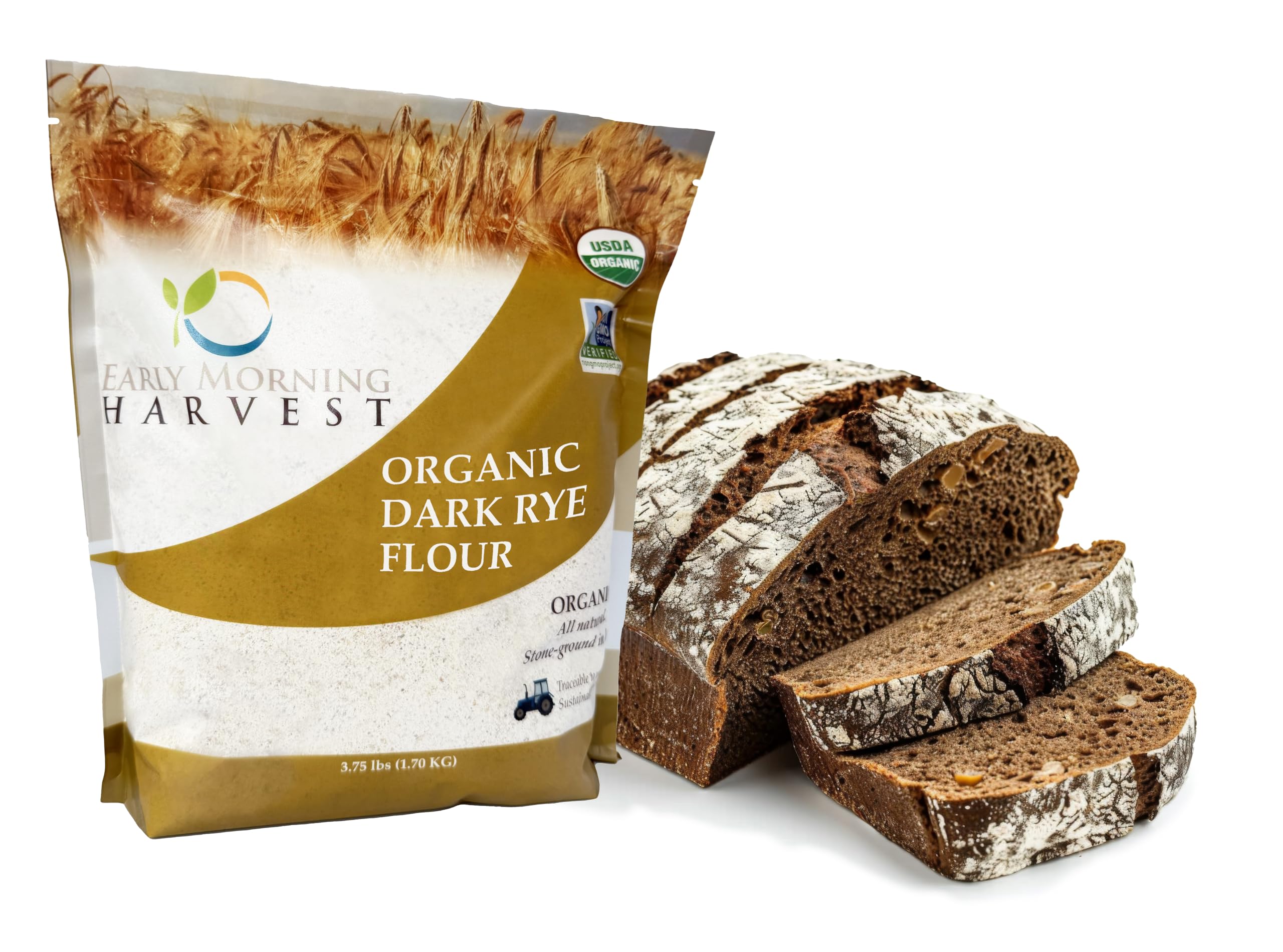 Early Morning Harvest Organic Dark Rye – Made from Organic, Non-GMO Rye – Stone Ground Dark Flour for Bread and Baking, Pumpernickel Flour, Sourdough Starter, Whole Grain, Certified Organic GMO Free (1.5, Pounds)