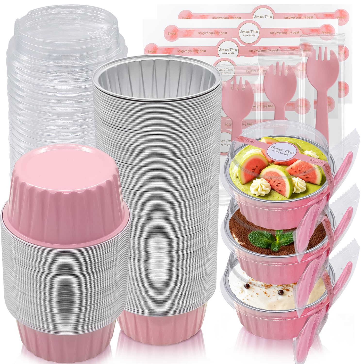 YuleNova 100 Set Cake Tins with Lids Spoons and Stickers, 150ml Round Aluminum Foil Baking Pans Small Loaf Tins Cups Tart Pie Containers for Cupcake Muffins Desserts, Pink