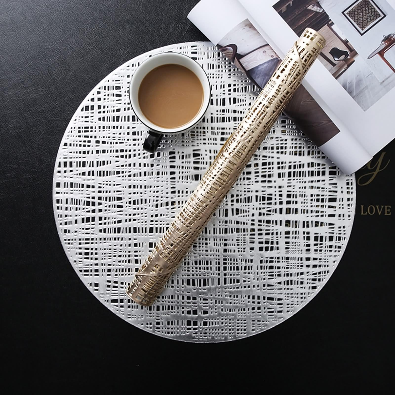 Juego de 10 manteles individuales para mesa de otoño, PVC, 38 cm, diseño de tejido hueco, color plateado, para cocina, restaurante, mesa de comedor