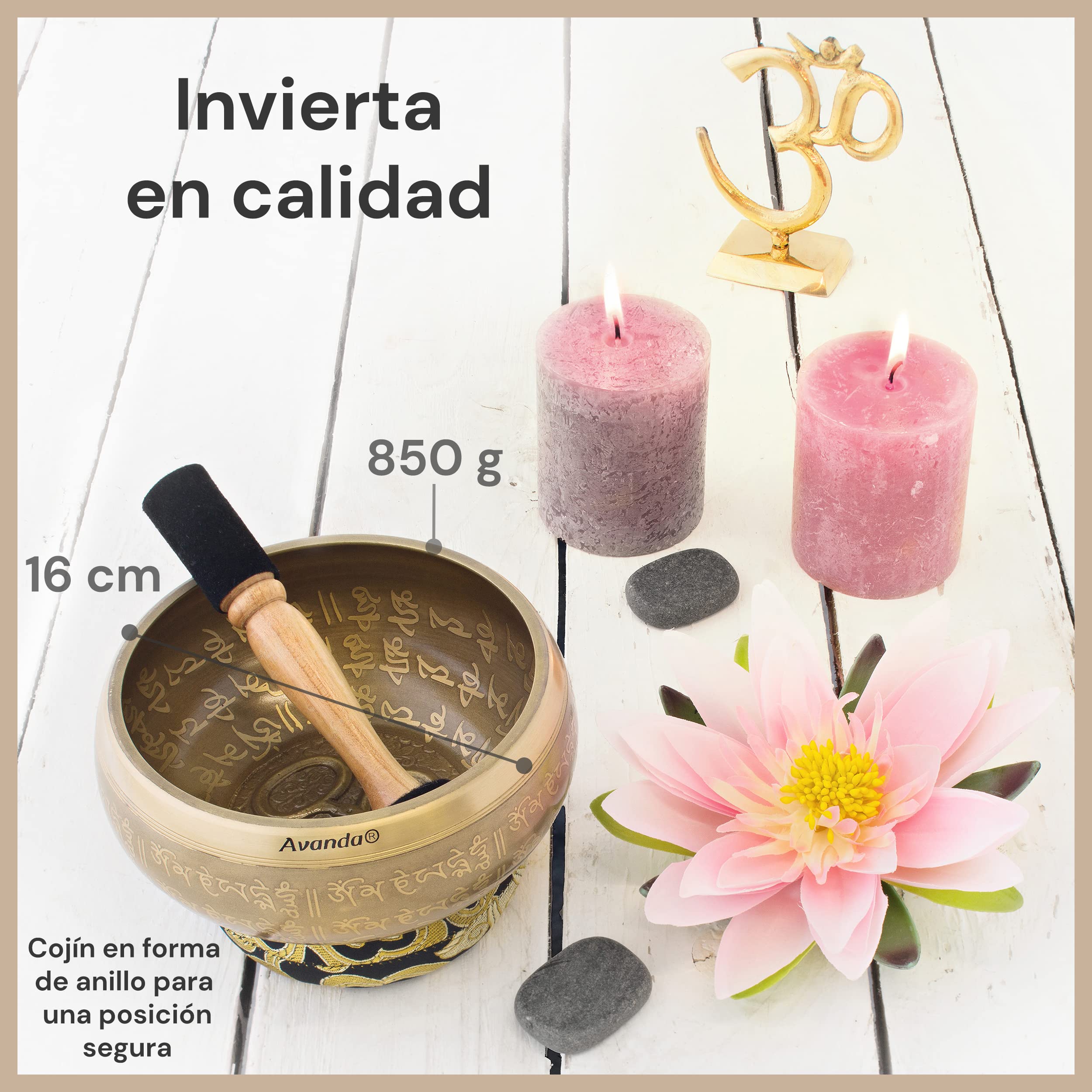 Juego de Cuenco Tibetano Om para Yoga, Meditación y Relajación - Cuenco Tibetano Pintado a Mano Ø 16 cm, Mazo Doble con Fieltro y Cuero, Cojín Anular, Bolsa e Instrucciones