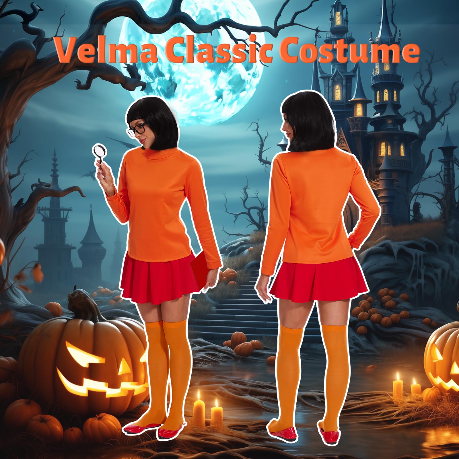 Velma kostium dla kobiet, pomarańczowy golf, spódnica skaterowa, skarpety, kostium Cosplay dla dorosłych, na imprezy, karnawał i Halloween