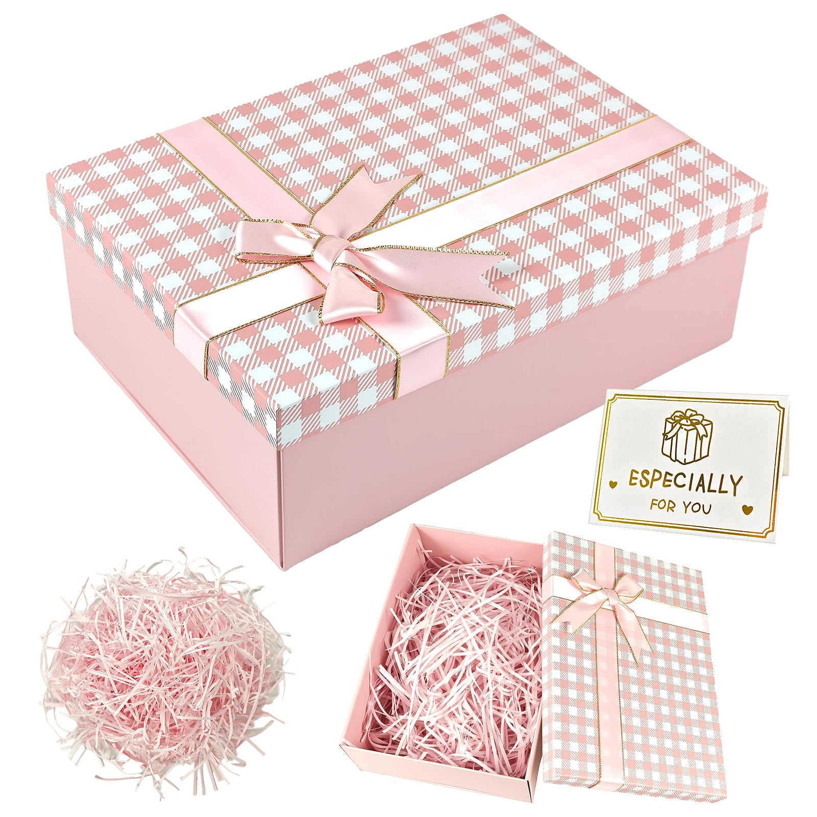 YIMETOP Gift Box with Lid, Premium Present Box 25x18x9cm Medium Gift Box with Shredded Paper Ribbon Greeting Card Unique Design for Valentinstag, Birthdays, Wedding Anniversary, Anniversaries (Pink)