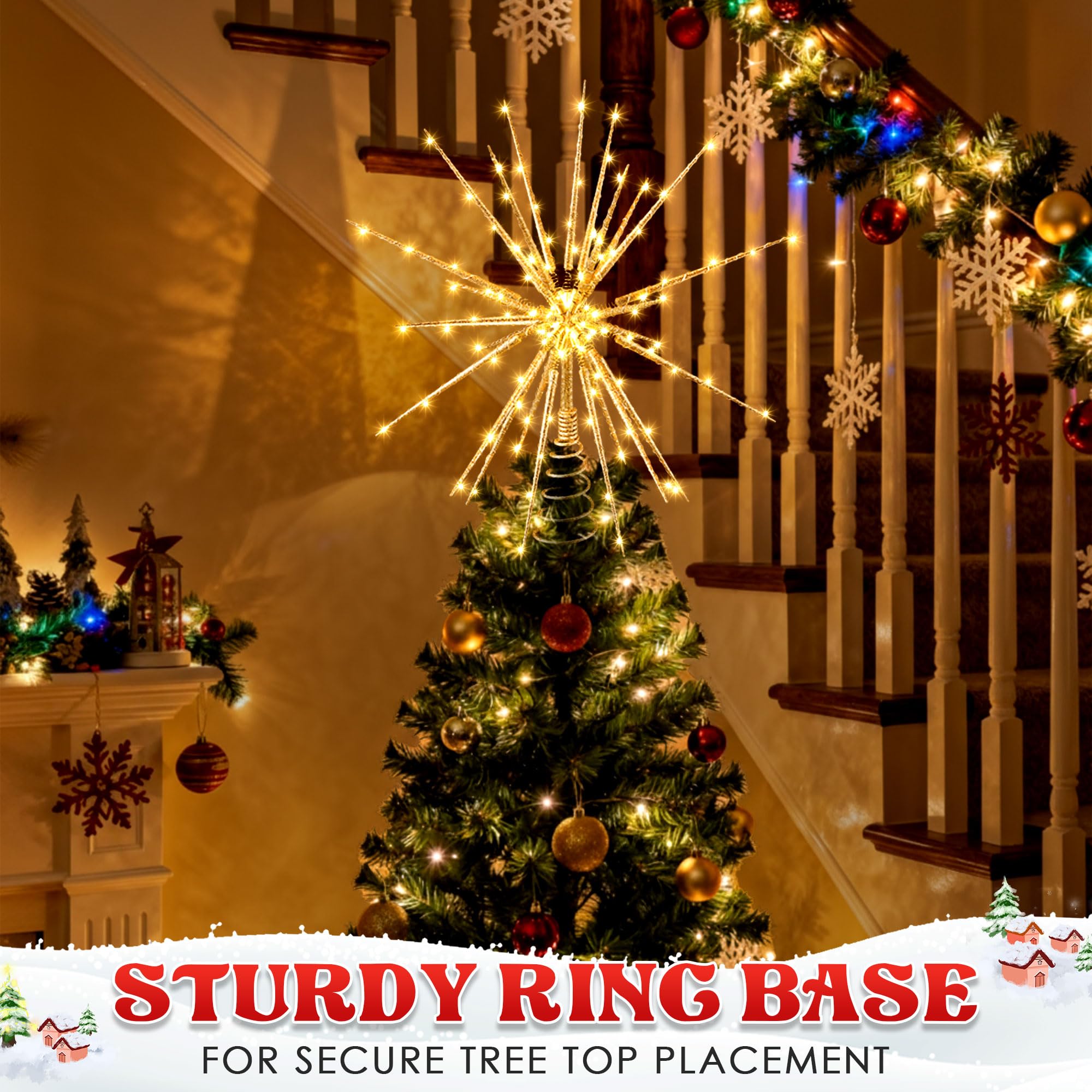 Meonum Cimier de sapin de Noël de 40,6 cm avec lumière LED, 25 lumières scintillantes, étoile de sapin de Noël pour décoration de sapin de Noël, taille universelle pour n'importe quel arbre, léger et