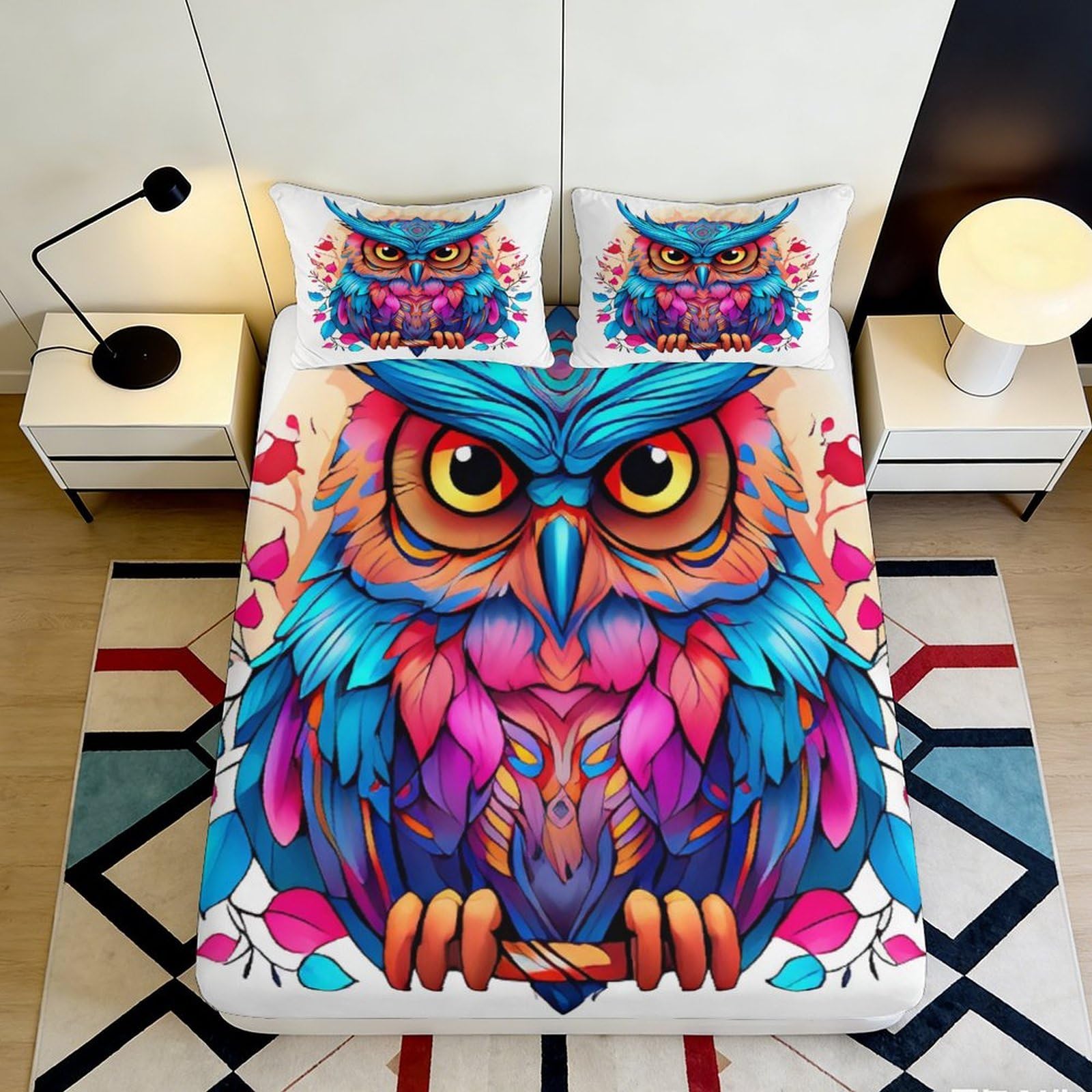3D Printed Owl Fitted Sheet Microfiber Deep Pocket Non-Slip Owl Bedding Set Mattress Fitted Cover Washable Full Wrap 200x200x25cm