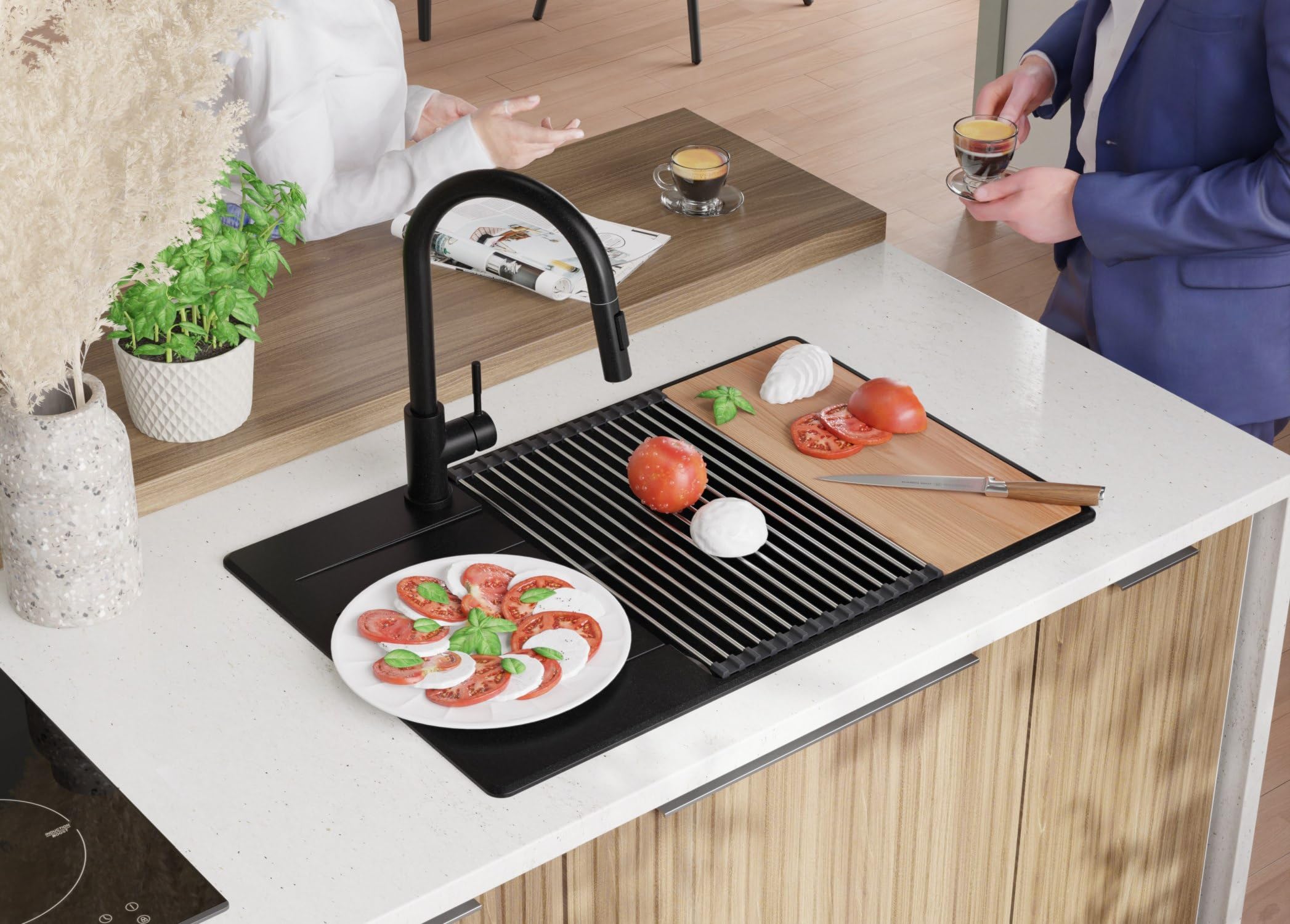 PRIMAGRAN Lavandino da Cucina Nero 78x50cm, Lavello in Granito a 1 vasca + Rubinetto 40x38cm + Set di accessori, Lavabo da Cucina Incasso al Mobile 60cm - Copenhagen Top S613