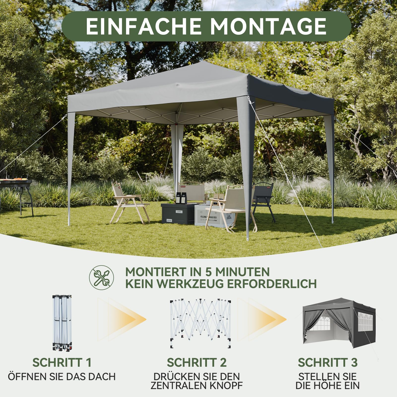 Aoxun Pop Up Pavillon 3x3 Wasserdicht mit 4 Seitenwänden, Metallrahmen-Schutzzelt, Höhe Verstellbar, 3mx3m Faltpavillon mit Tragetasche für Camping Party, Grau