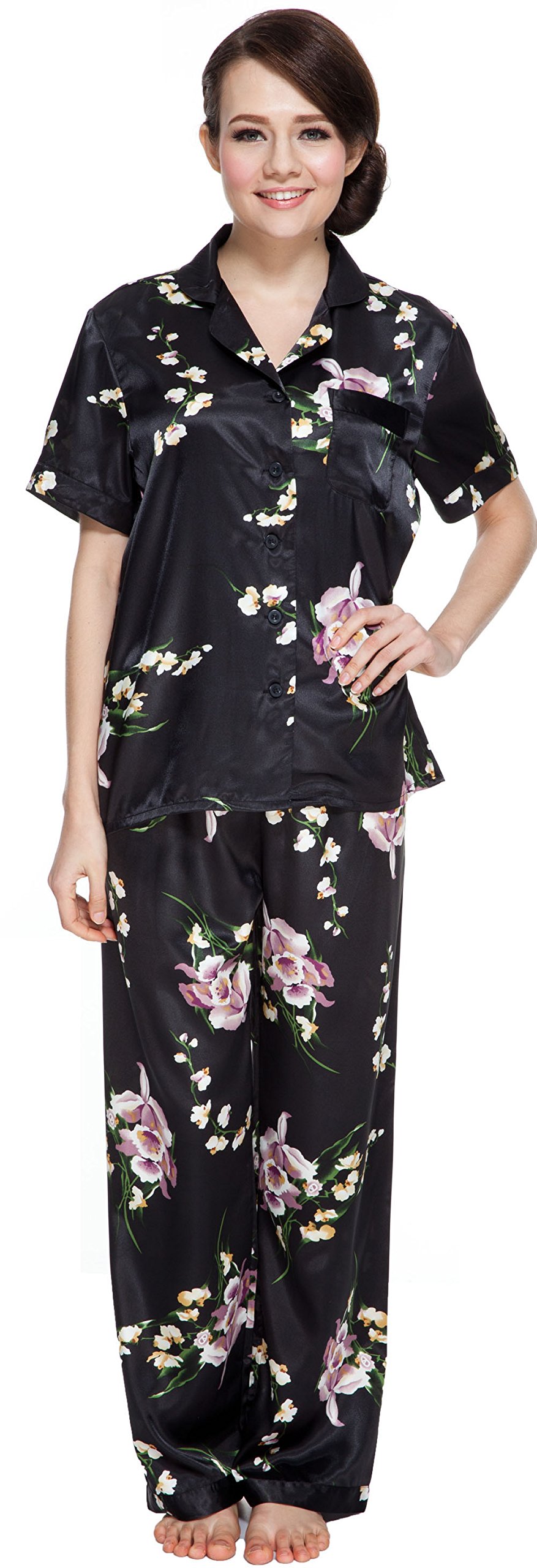 LavenderiWomen's Short Sleeve Classtic Satin Pajama Set