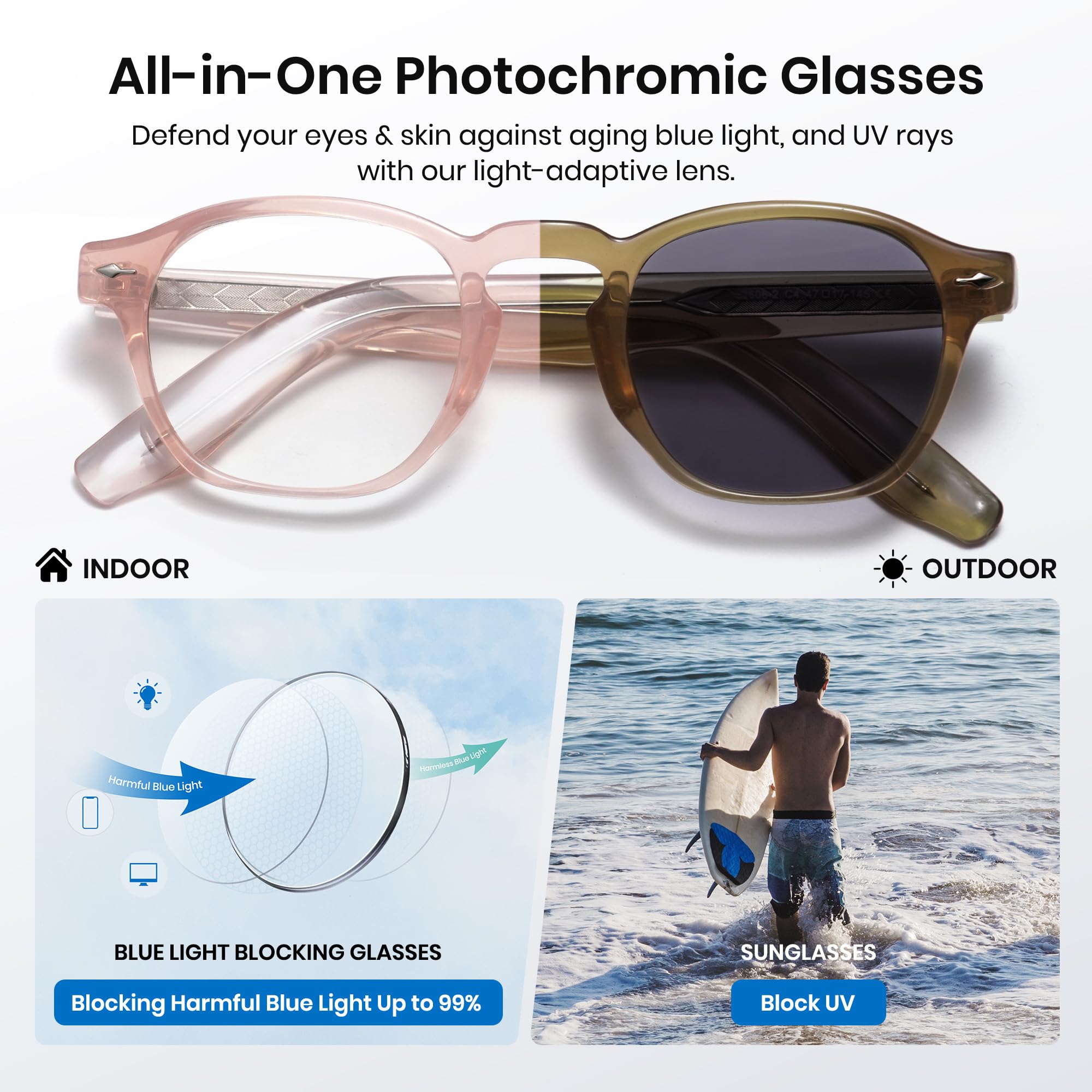 Cyxus Gafas fotocromáticas que cambian de color con bloqueo de luz azul, protección UV 8230