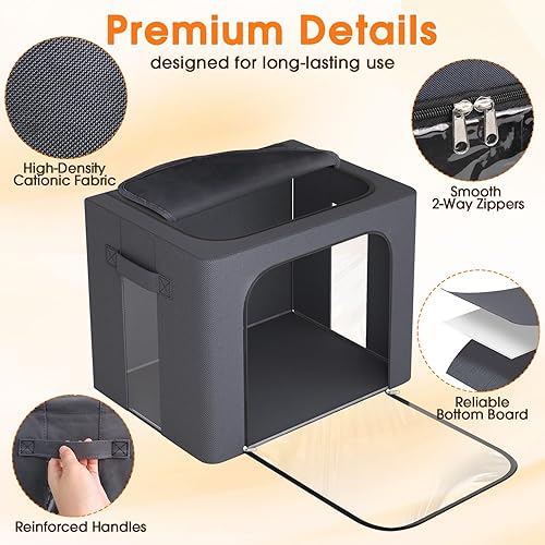 Miniatura 7 de Paquete de 4 contenedores de almacenamiento de ropa con marco de metal, bolsas de almacenamiento de tela de 40 litros con ventana transparente,