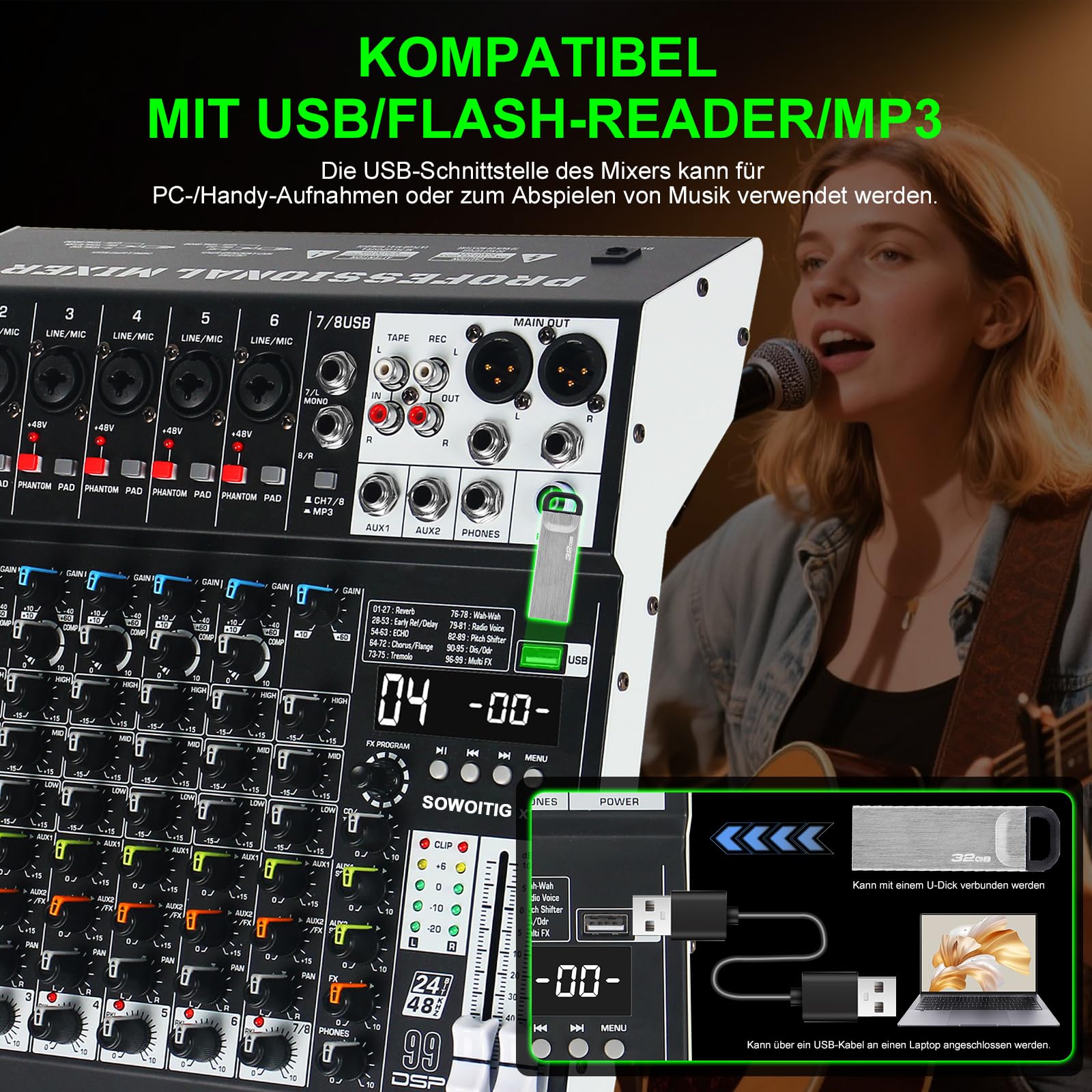 Console mixer audio a 8 canali con 99 effetti DSP, mixer digitale DJ mixer mixer professionale con USB, Bluetooth, alimentazione phantom da 48 V