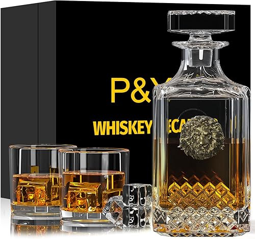 Juego de decantadores de whisky para hombre, decantador de whisky de 25 onzas con 2 vasos, diseño único de cabeza de león, Navidad, cumpleaños,