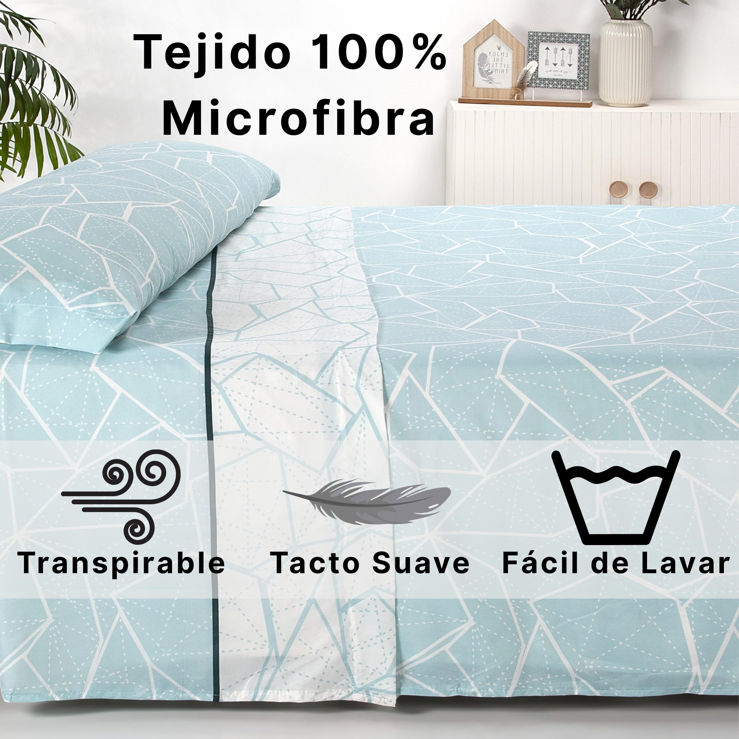 Sábanas 135x190 - Juego de Sábanas 3 Piezas - 100% Microfibra Suave y Transpirable - Sábana Bajera Ajustable, Encimera y Funda Almohada - Ropa de Cama Estampada (Ellie Aqua) — view 2