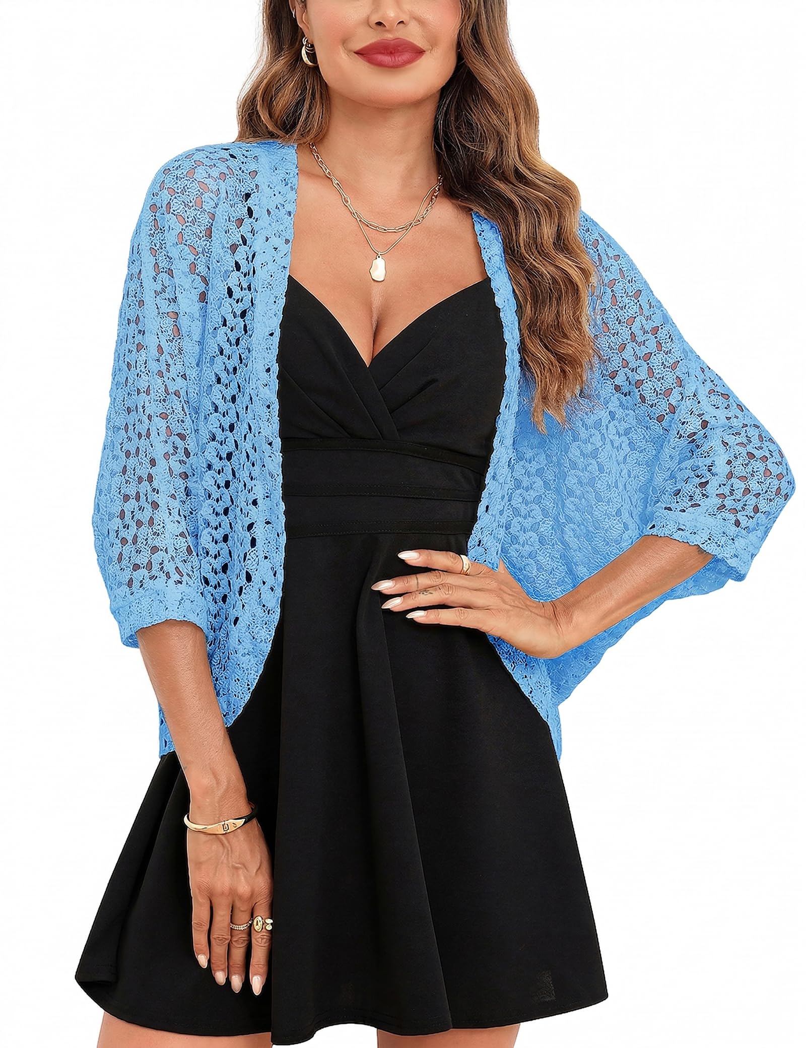 Gyabnw Damen Strickacke Elegante Bolero Spitzenjacke Festlich Cardigan Kurzer Blazer Festlich Bolero mit 3/4 Arm für Abendkleider Cocktailkleid