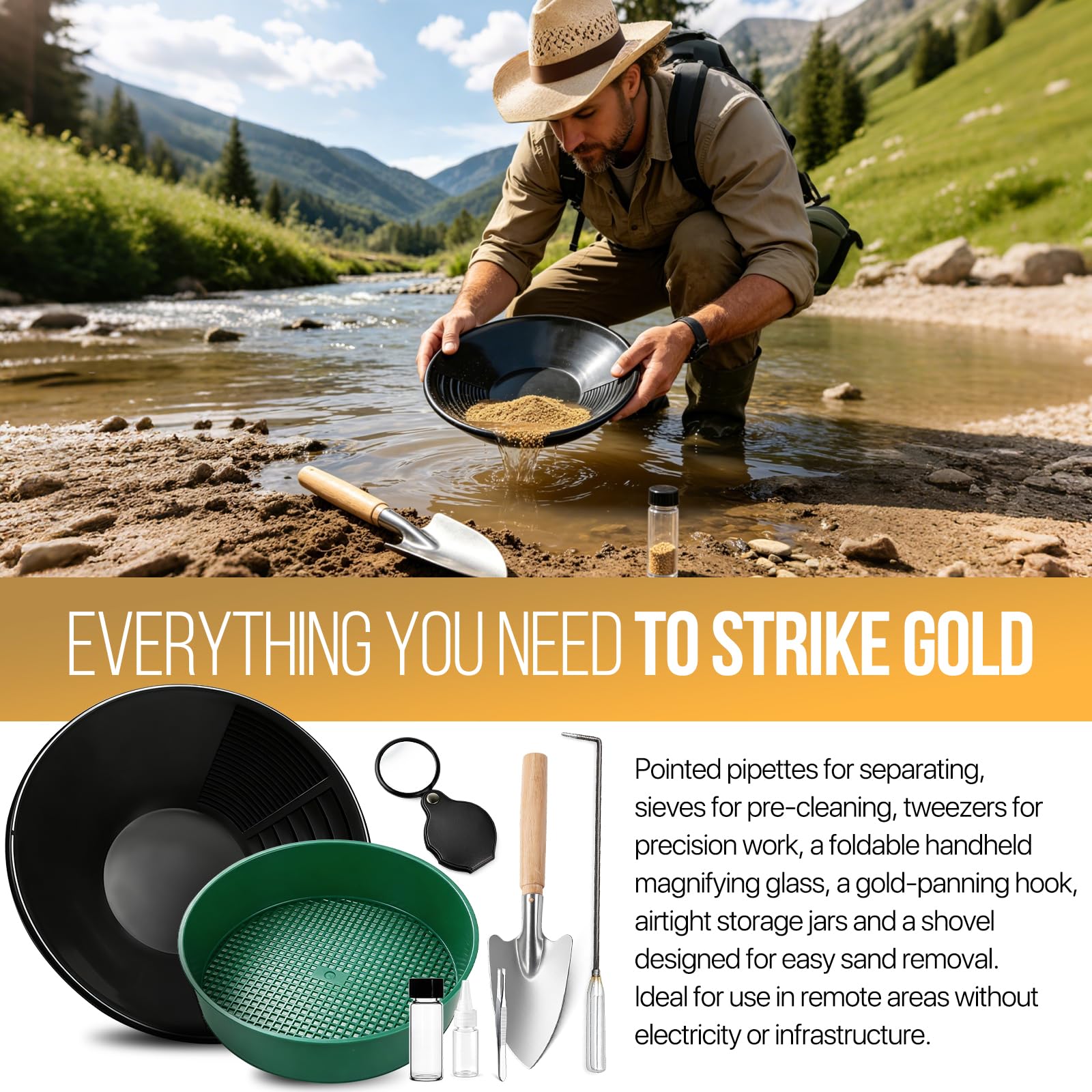 Kit Orpaillage Gold Pan Batee Rampe Lavage Manuel Or Panning Noir