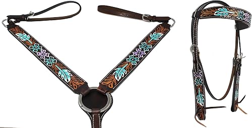 CHALLENGER Horse Western Leather Tooled Bridle Headstall Breast Collar Tack Purple 78HR21B