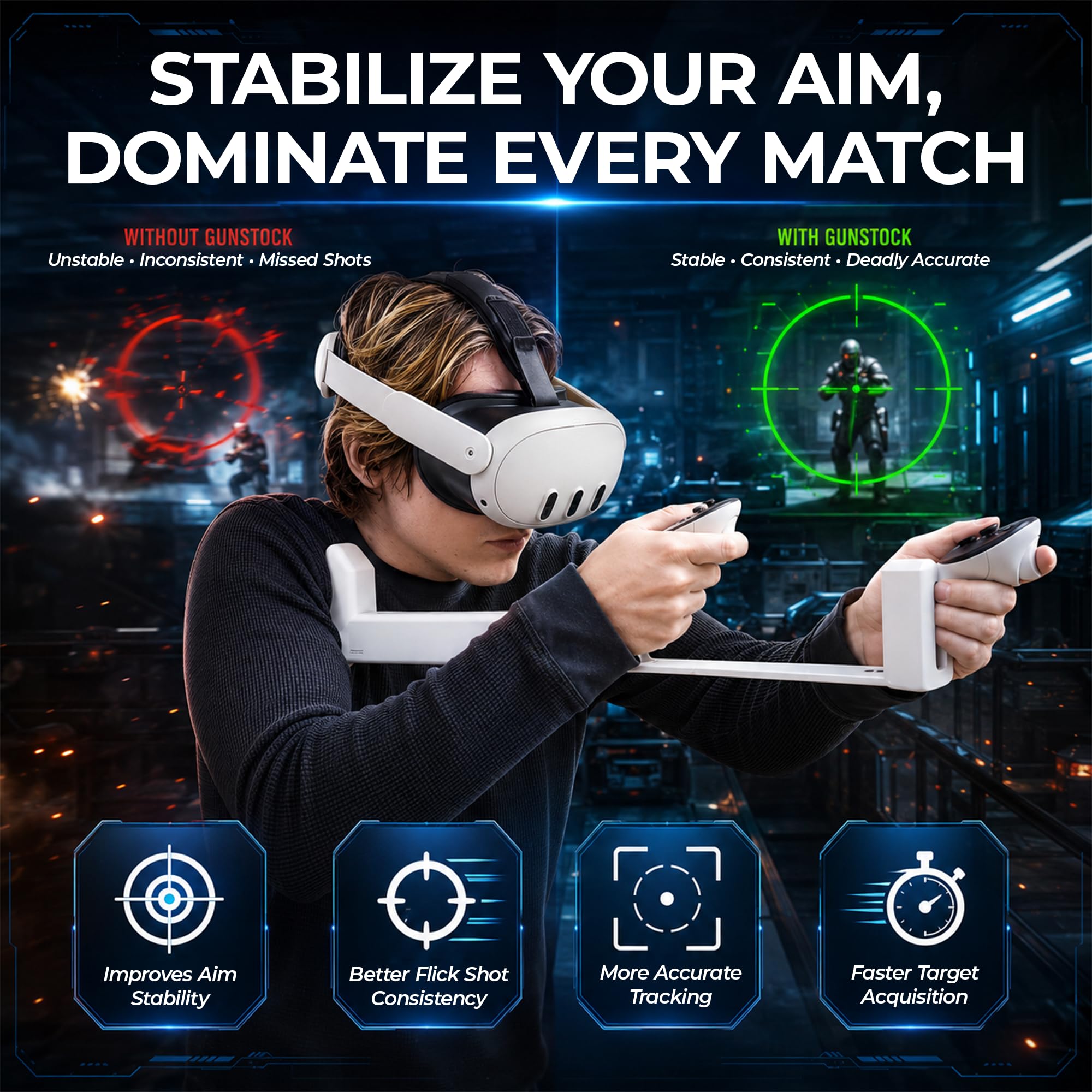 iStock PRO VR Gunstock – Stabilisez votre objectif pour un maximum de précision – Qualité professionnelle, poids léger, design à mobilité maximale – Compatible avec Meta Quest 2, Quest 3 et Quest 3S