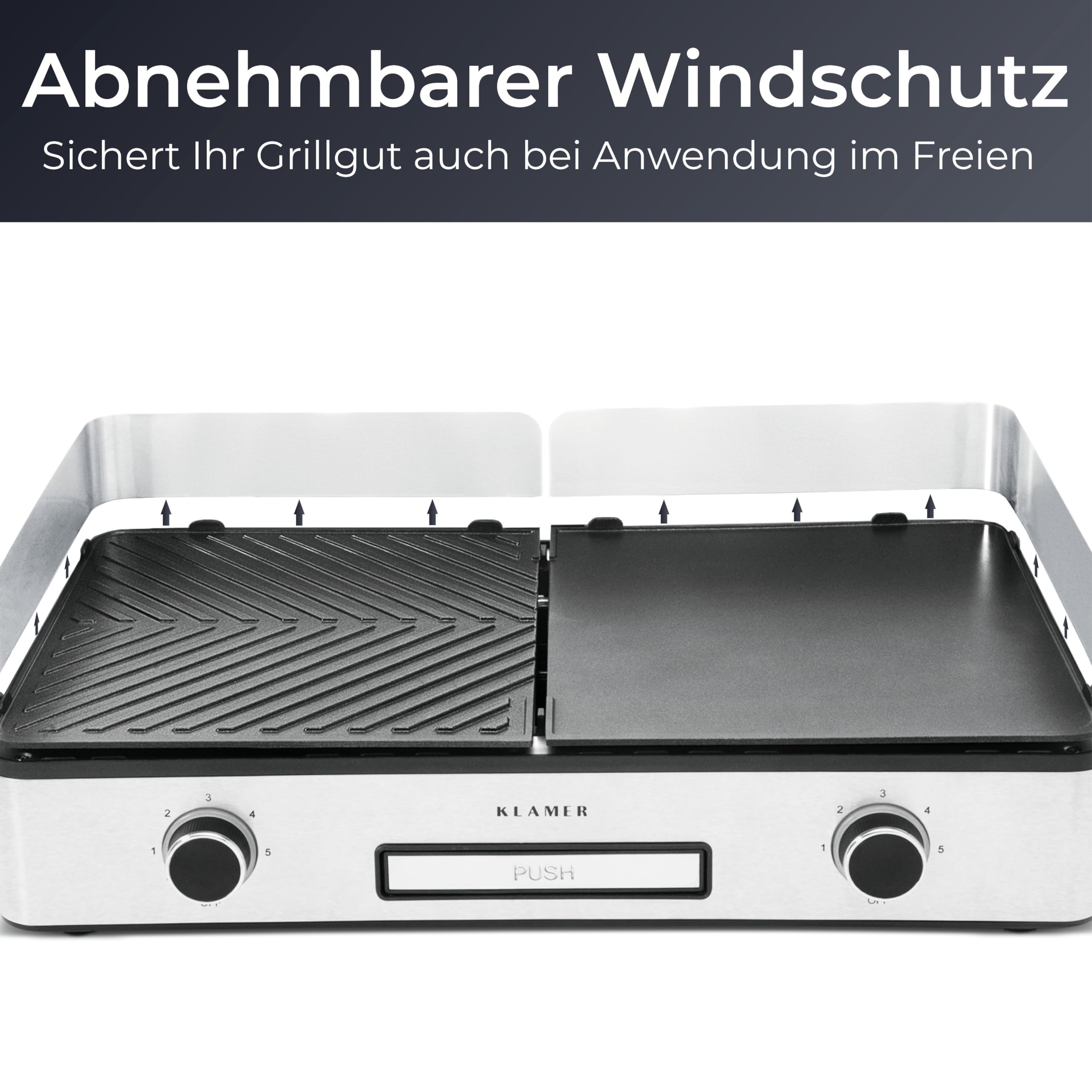 KLAMER Elektrogrill, antihaftbeschichtete und abnehmbare Duo-Platten, separate Temperatureinstellung, 5 Grillstufen, mit Wind-/ Spritzschutz & Auffangschale
