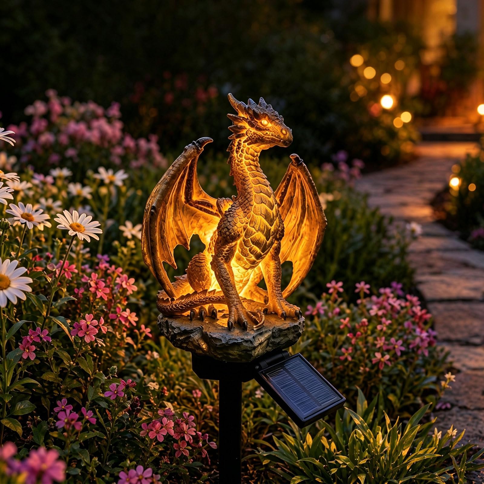 Solar Dragon Garden Statue with Warm Glow LED Lights, Outdoor Resin Dragon Sculpture Solar Powered, Weatherproof Garden Ornament for Patio Lawn Yard Decor, for Garden Lovers