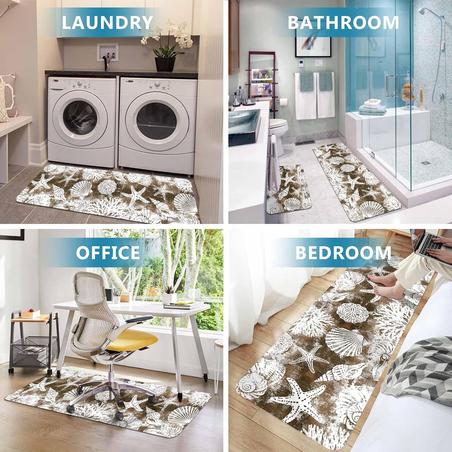Prime Leader Marine Life Kitchen Mat Set 2 Pieces Brown White Sea Starfish Shells Conch Brown Non Slip Kitchen Rugs Washable Runner Rug Mats for Floor Sink Laundry Office 15.7" x 23.6"+15.7" x 47.2"