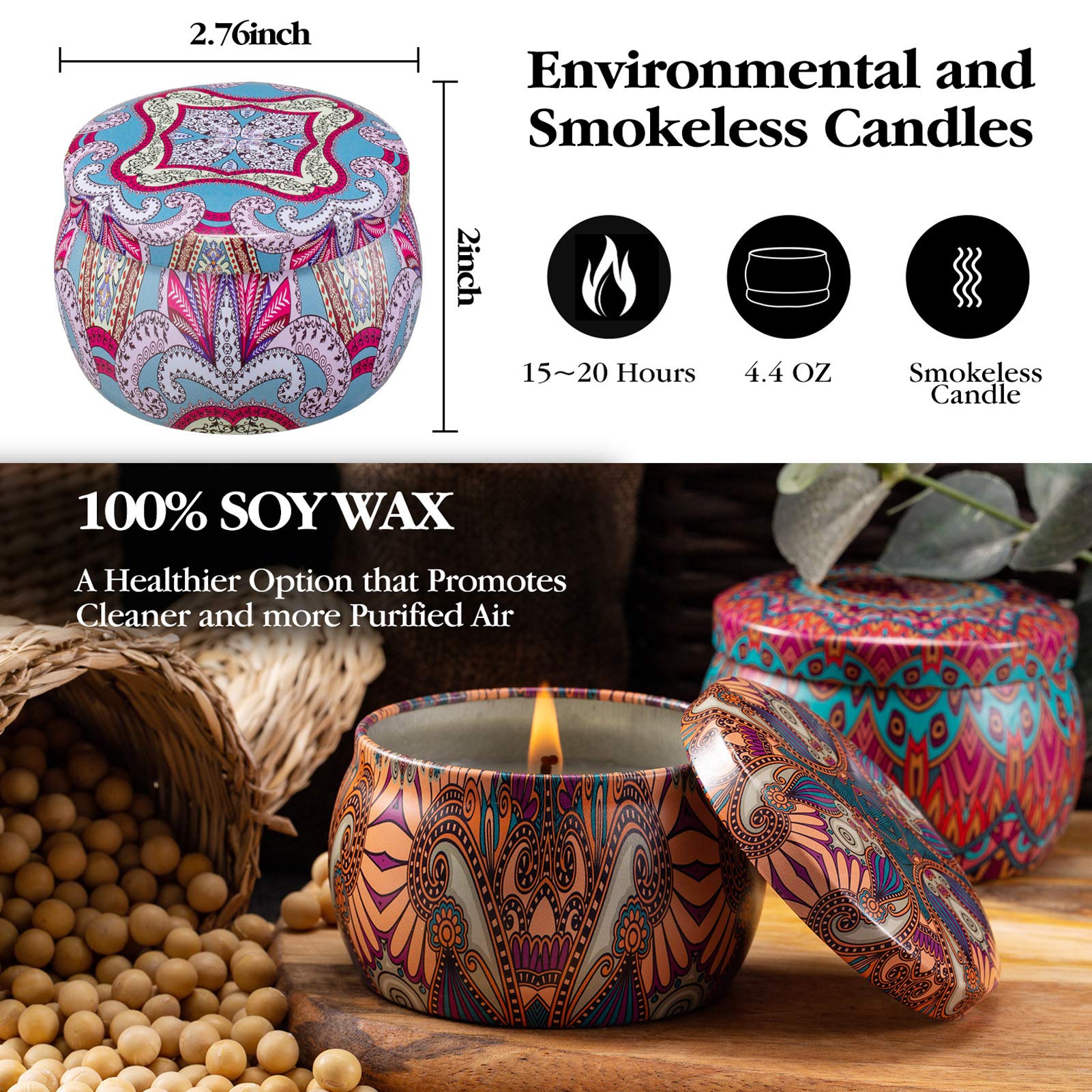 Set de velas con aroma 8, juego, puro natural de soja lata de soja cera velas de aromaterapia mujeres día de la madre cumpleaños decoración navideña