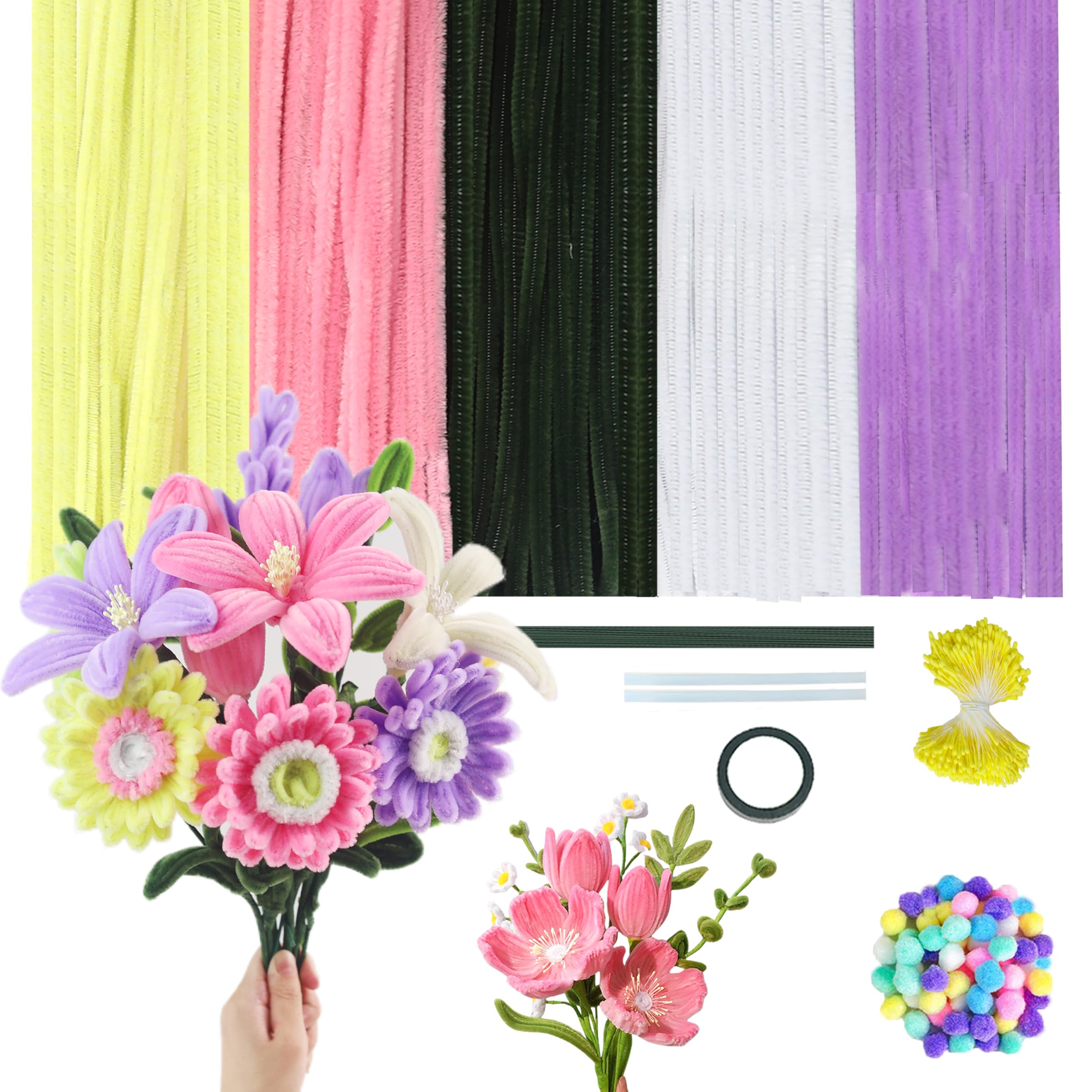 500 Stück Pfeifenputzer zum Basteln mit 5 Farben(Lila Rosa Grün Gelb weiß), 350 Staubblatt Weiß mit Zwei Perlen Köpfen, 25 Blumendraht Grün, 100 Stück 1cm Mini Pompons für DIY Handwerksprojekt