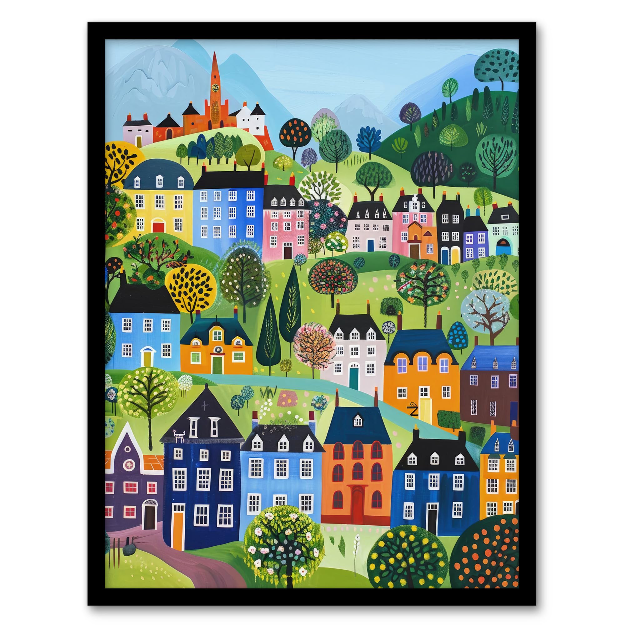 Artery8 Colourful Townscape Church Spring Folk Art Framed Poster Print - A4
