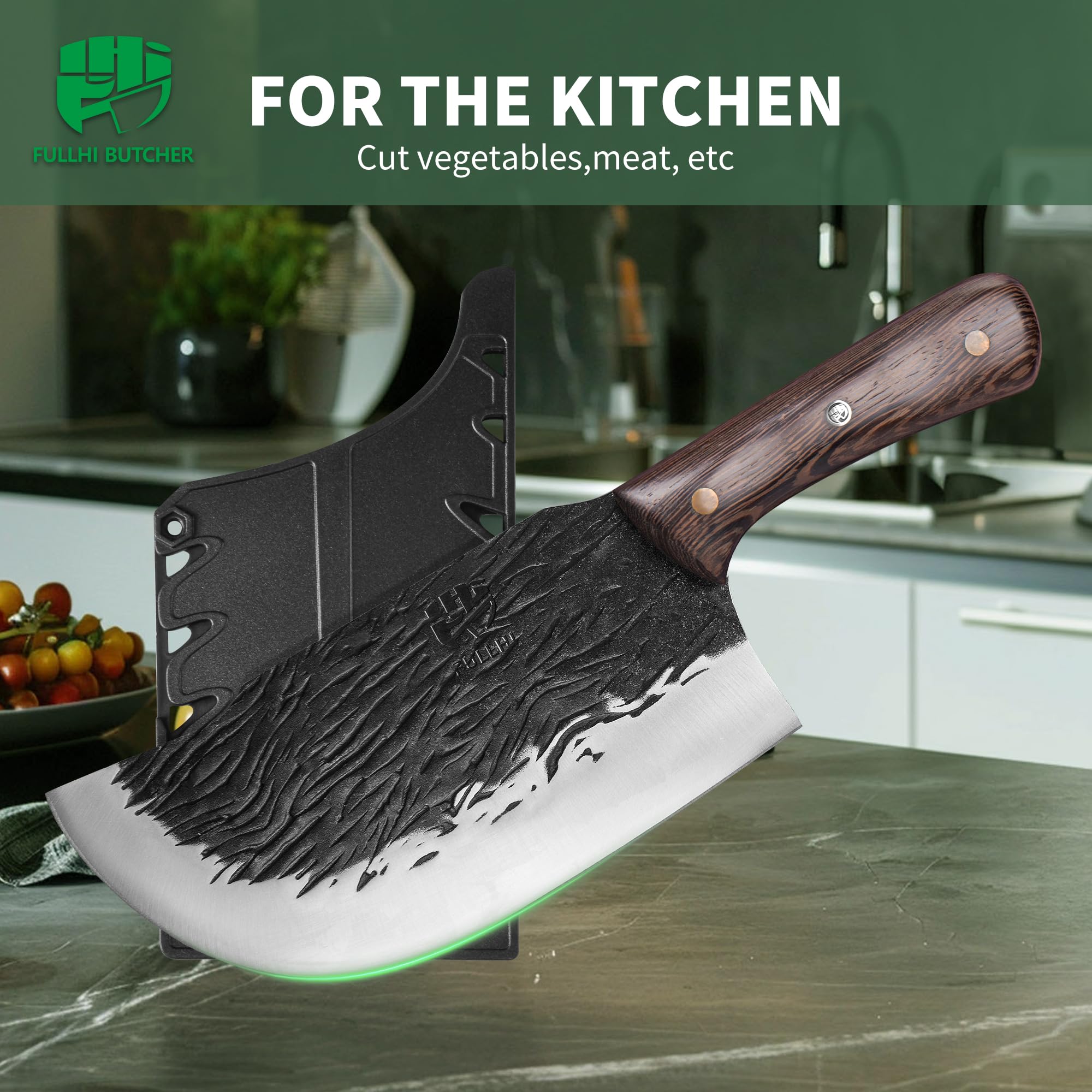 FULLHI Couperet à viande lourd en acier à haute teneur en carbone 21cm avec gaine