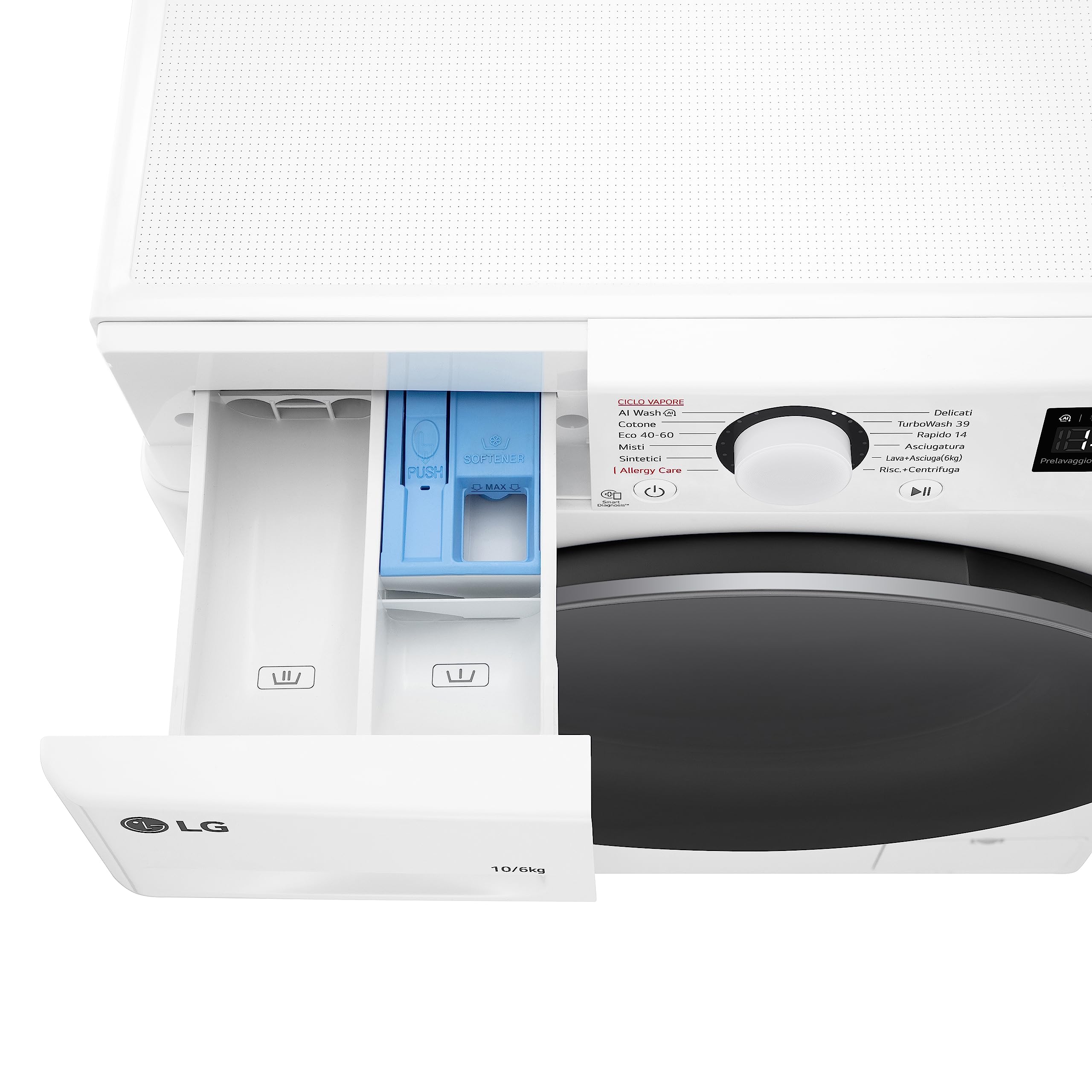 LG AI DD D4R5010TSWS Lavasciuga 10 / 6kg Serie R5 Classe A-10%/D, Lavatrice e Asciugatrice Insieme, 1400 giri, TurboWash360, Steam, Eco Hybrid, Allergy Care, Motore Inverter Direct Drive, Bianca