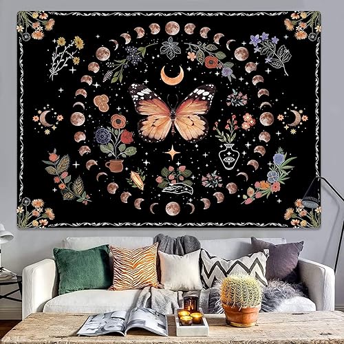 Fowocu Tapiz de flores de mariposa naranja, luna, bohemio, floral, para dormitorio, tapiz estético para colgar en la pared, mandala botánico, tapiz
