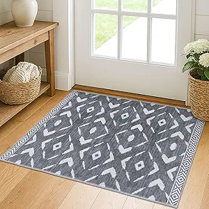 KILOCOCO Small Rug 2'x3' Entryway Rug Printed Moroccan Indoor Door Mat Machine Washable Non Slip Soft Throw Rugs for Bedroom Kitchen Entrance Geometric Boho Rugs, Dark Grey