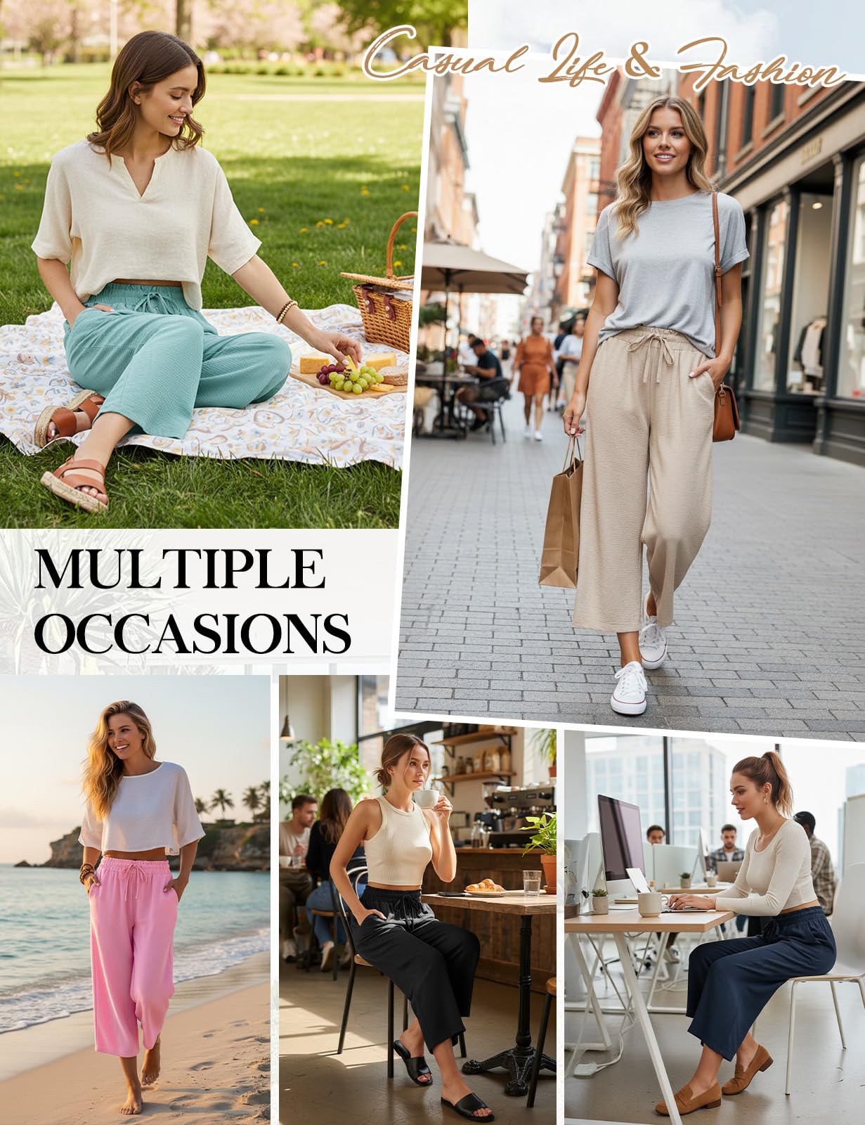 CMTOP Pantalon Femme Été Fluide Léger Pantalon Chic Taille Haute Elastique Pantacourt Ample Décontractée 7/8 Droit Pants Travail Couleur avec Cordon Poches