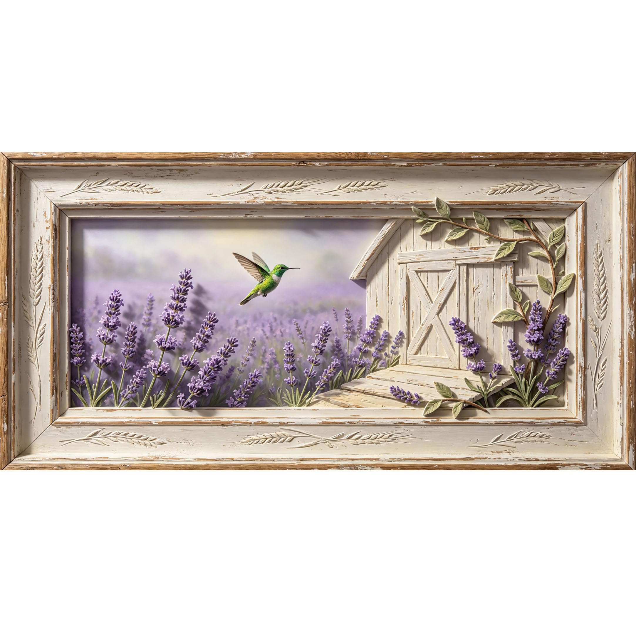Agglomerix 3D Framed Wall Art Hummingbird Lavender Barn Farmhouse Botanical Relief Effect Large Size Self-Adhesive Removable Wall Decor Prints Artwork for Living Room Bedroom Office