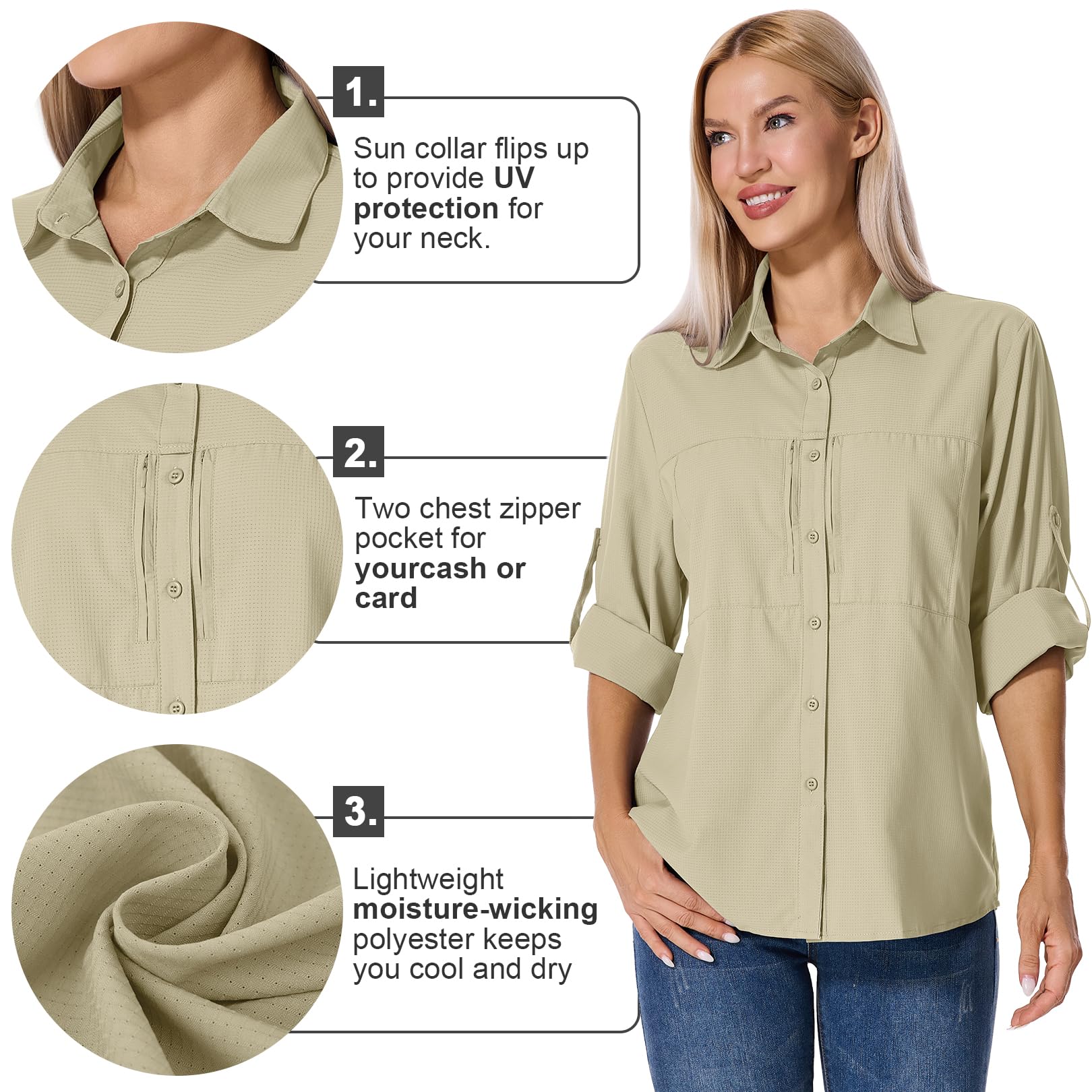 Camicia da donna con protezione UV UPF 50+, abbigliamento safari, camicetta da escursionismo, traspirante, ad asciugatura rapida, protezione solare, a maniche lunghe