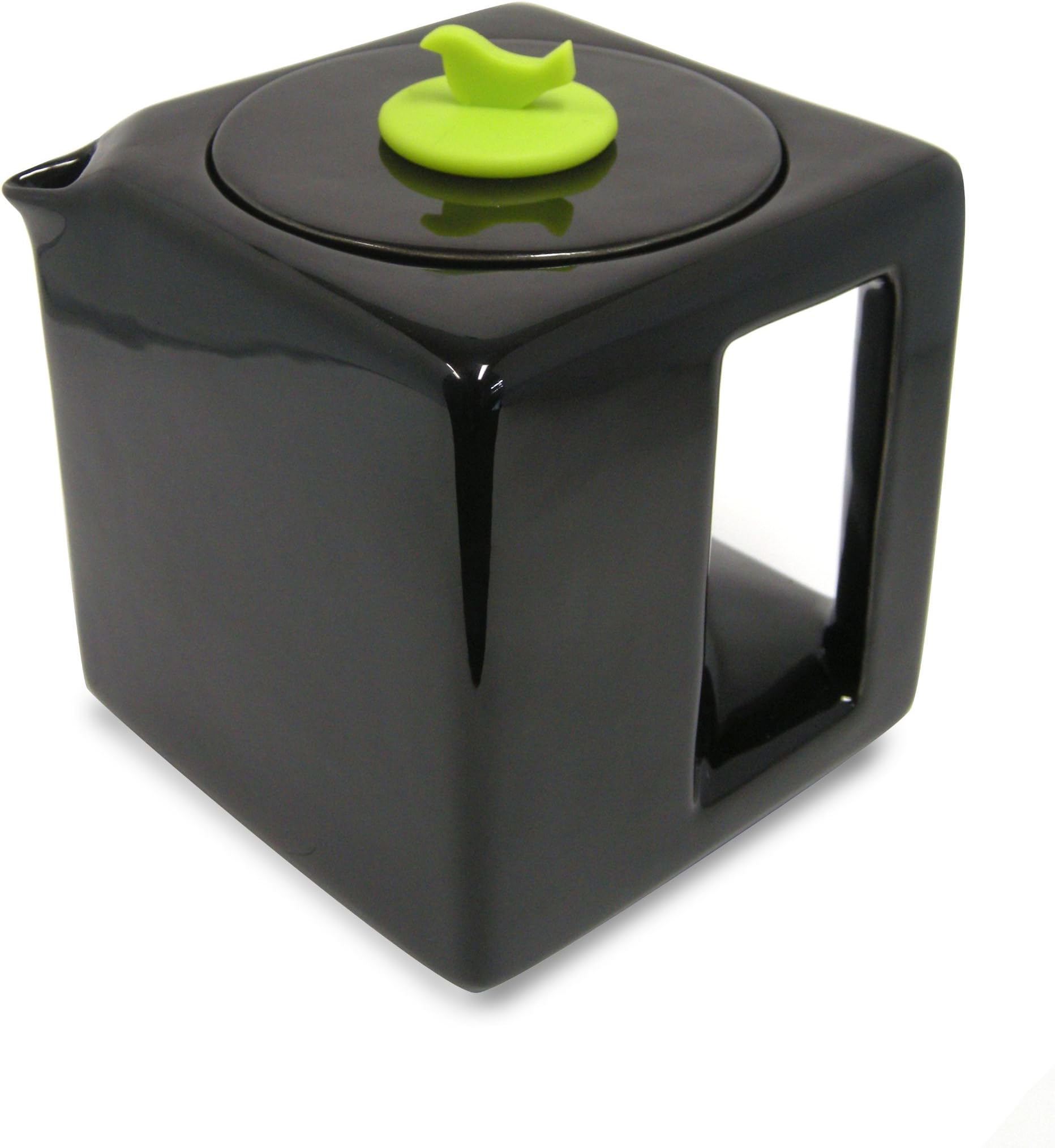 Make My Day Tea Cube Ceramic Teapot with Infuser, Black with Lime Green Accent