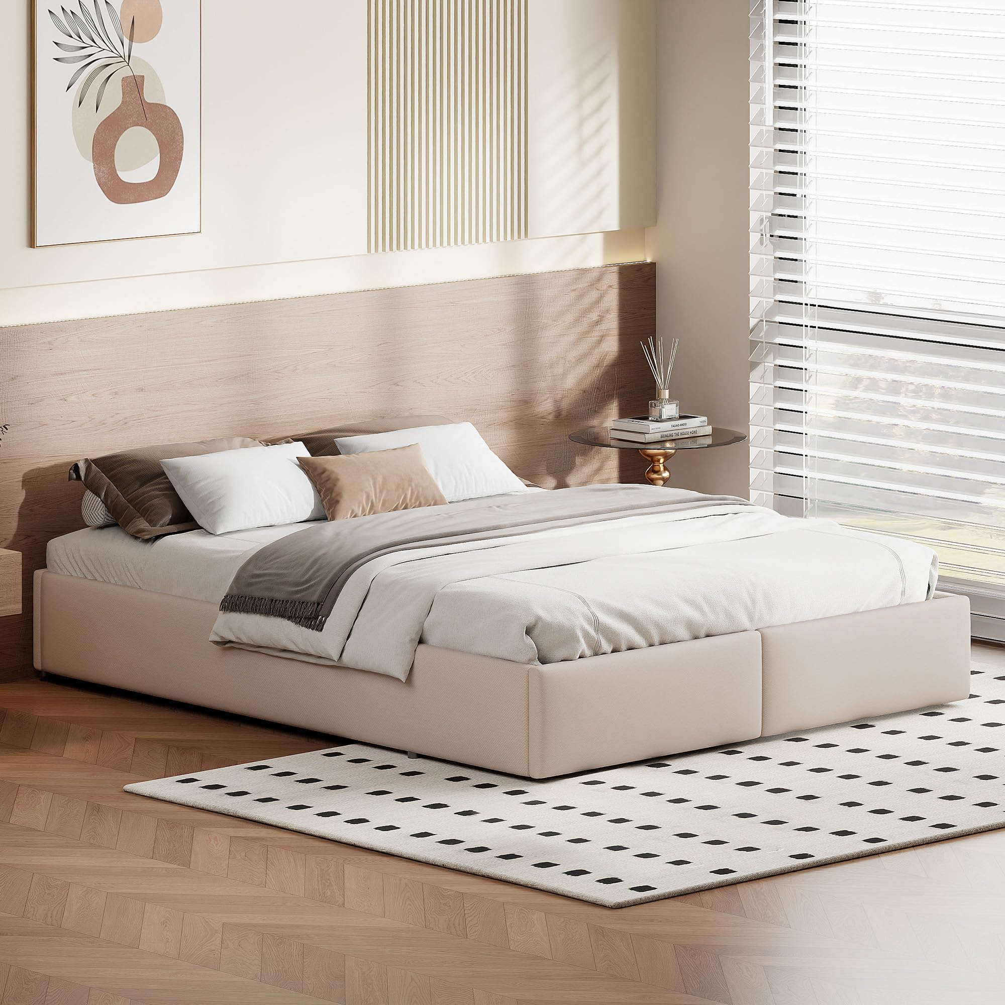Canapé Abatible 140 x 200 cm, Cama tapizada de almacenamiento, sin cabecero, Cama Matrimonio somier de láminas, cama con 2 cajones, cama juvenil, color beige lino (sin colchón) (beige, 160 × 200)