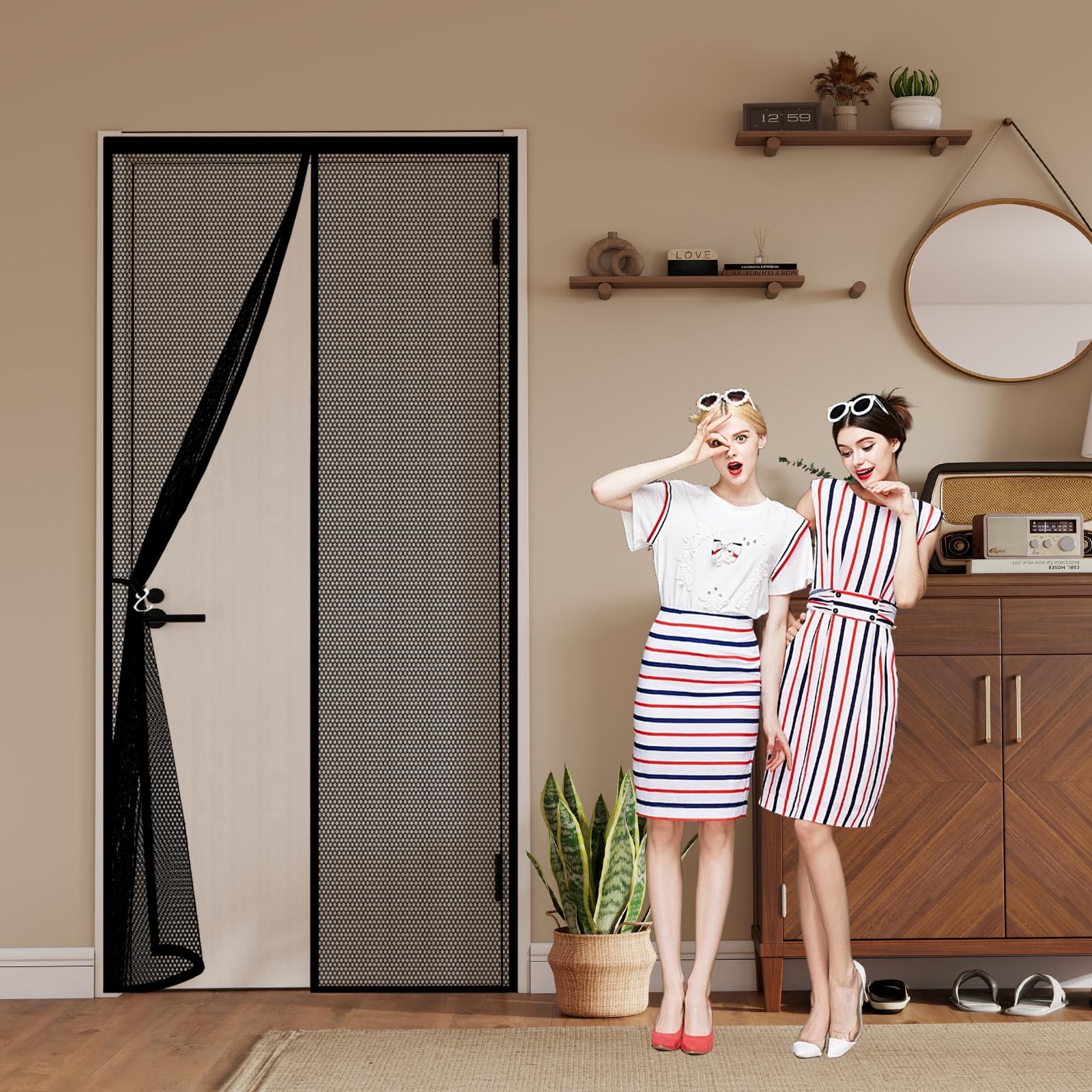 Qenhyun Black Mesh Curtain 205 X 160 Cm Keep Bugs Out, Full Frame Magic Tape, Powerful Magnets, Self Sealing, No Drill Installation, Fly Insect Screen Door For Patio Exterior Indoor Doors,
