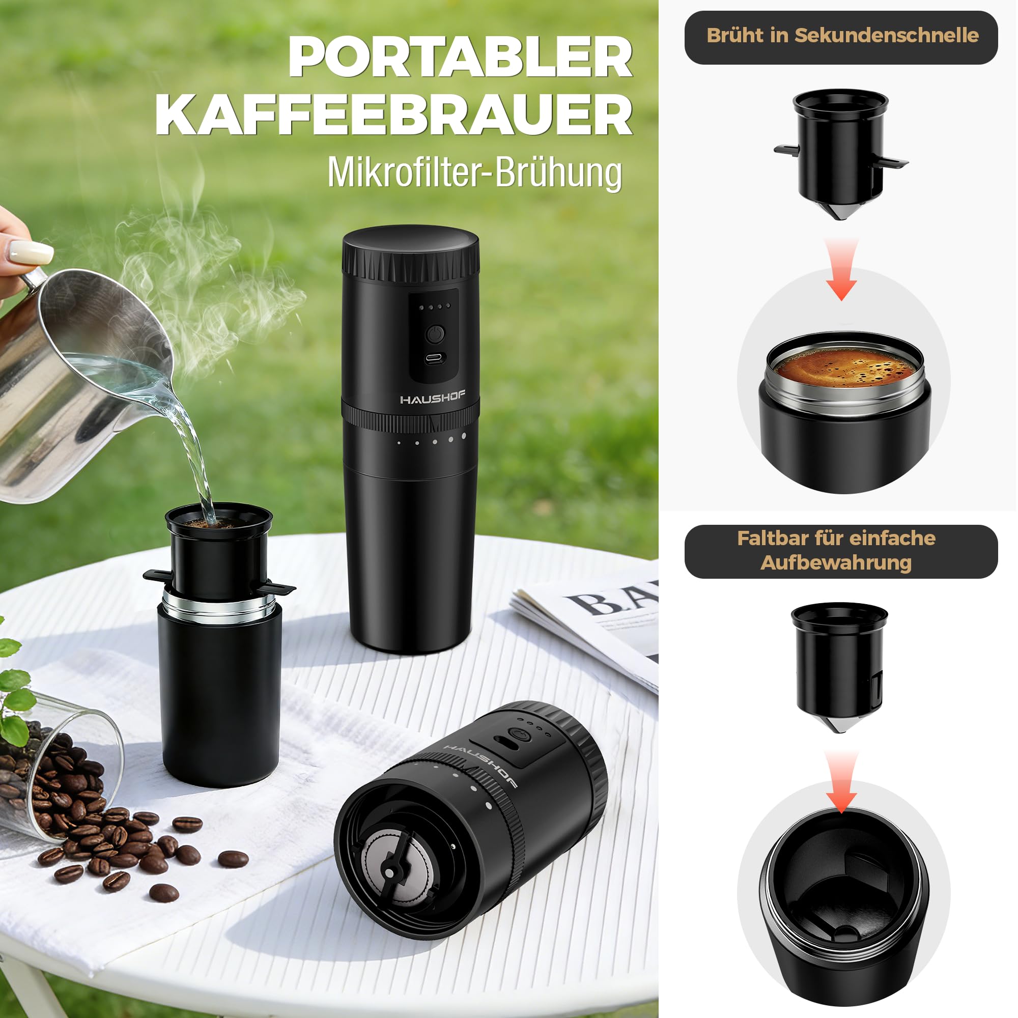 HAUSHOF Elektrische Kaffeemühle, Tragbares Kegelmahlwerk Kabellos Schwarz mit Integrierter Infusion, Manuelles Kit Edelstahlfilter Thermobecher